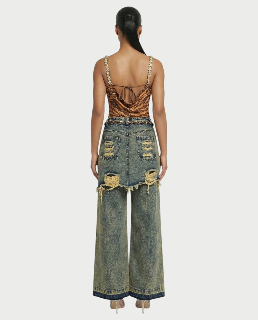 LOMINA Braided Layered Ripped Denim Pants