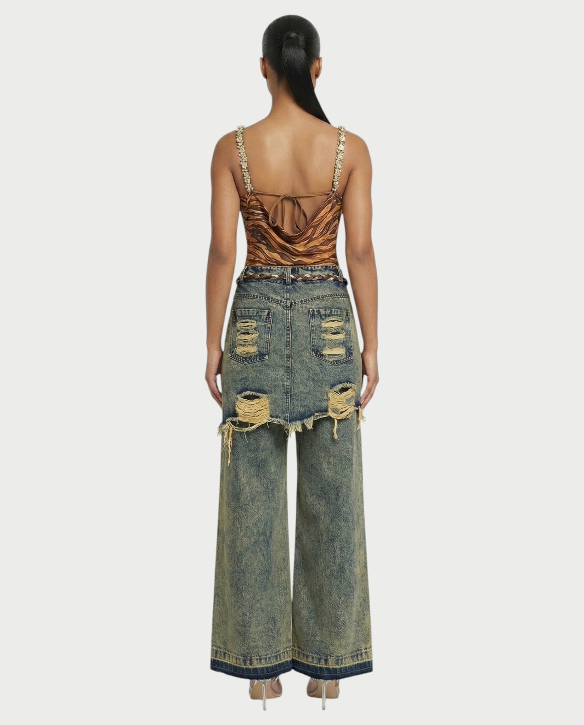 LOMINA Braided Layered Ripped Denim Pants