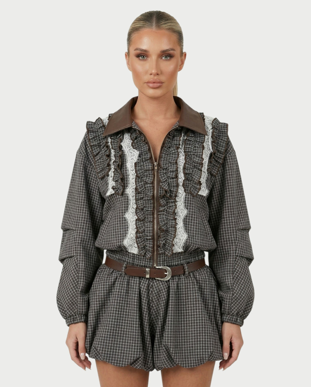 VENNY Plaid Lace Jacket & Bubble Skort Set