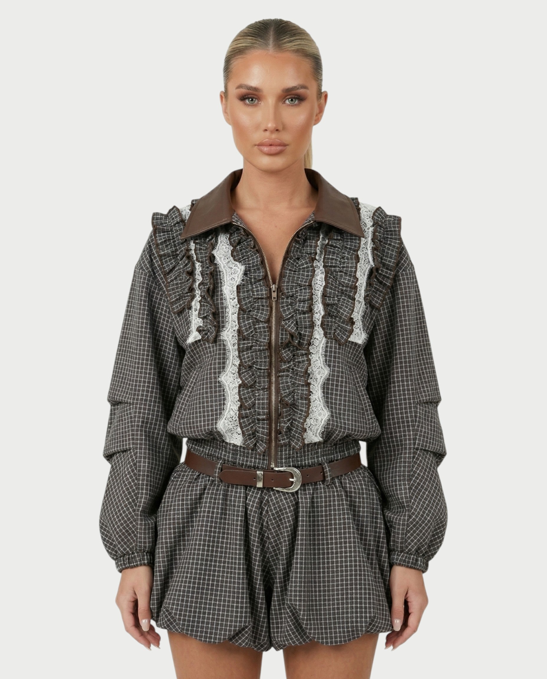 VENNY Plaid Lace Jacket & Bubble Skort Set