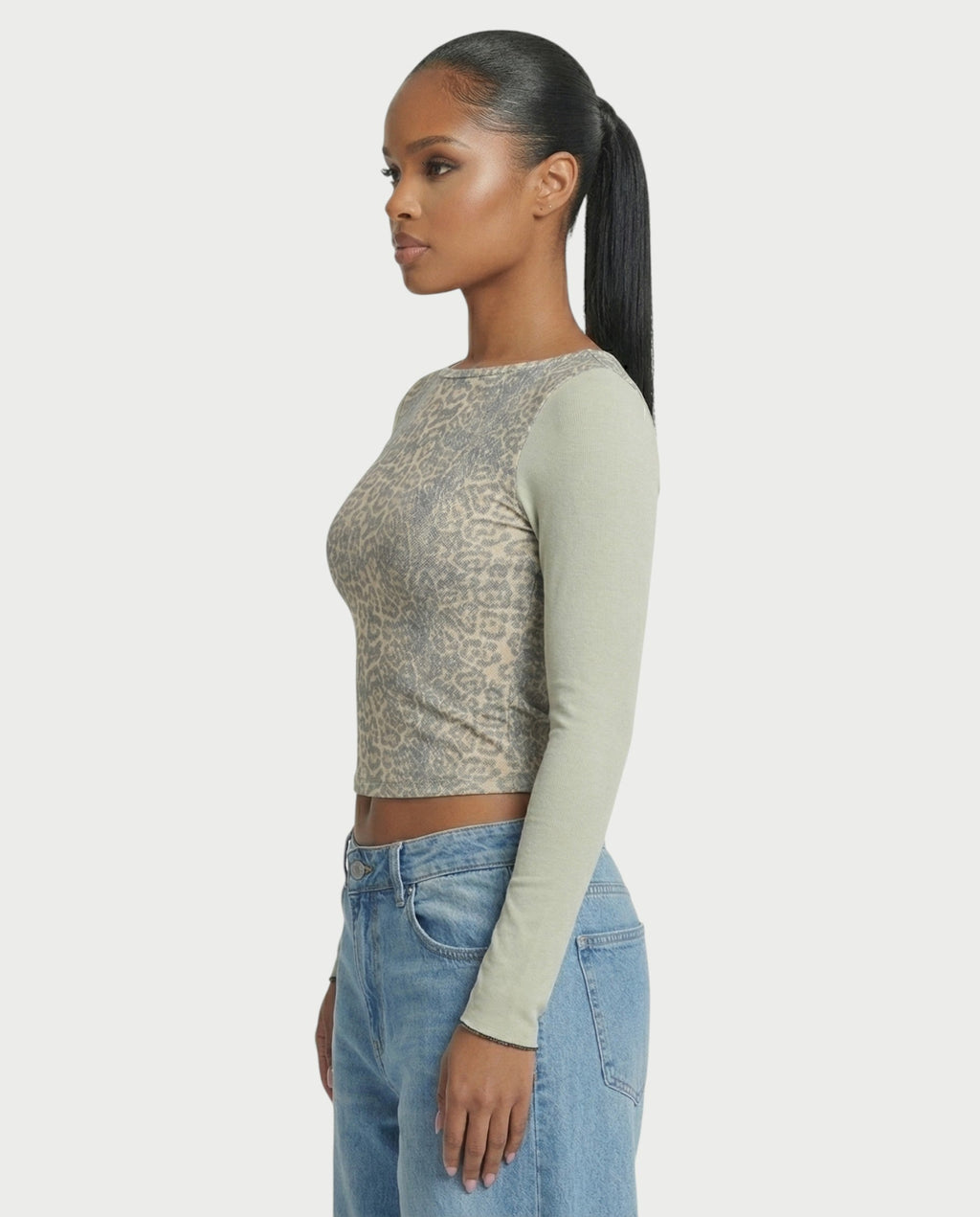 LENCIA Cotton Leopard Print Contrast Sleeve Top