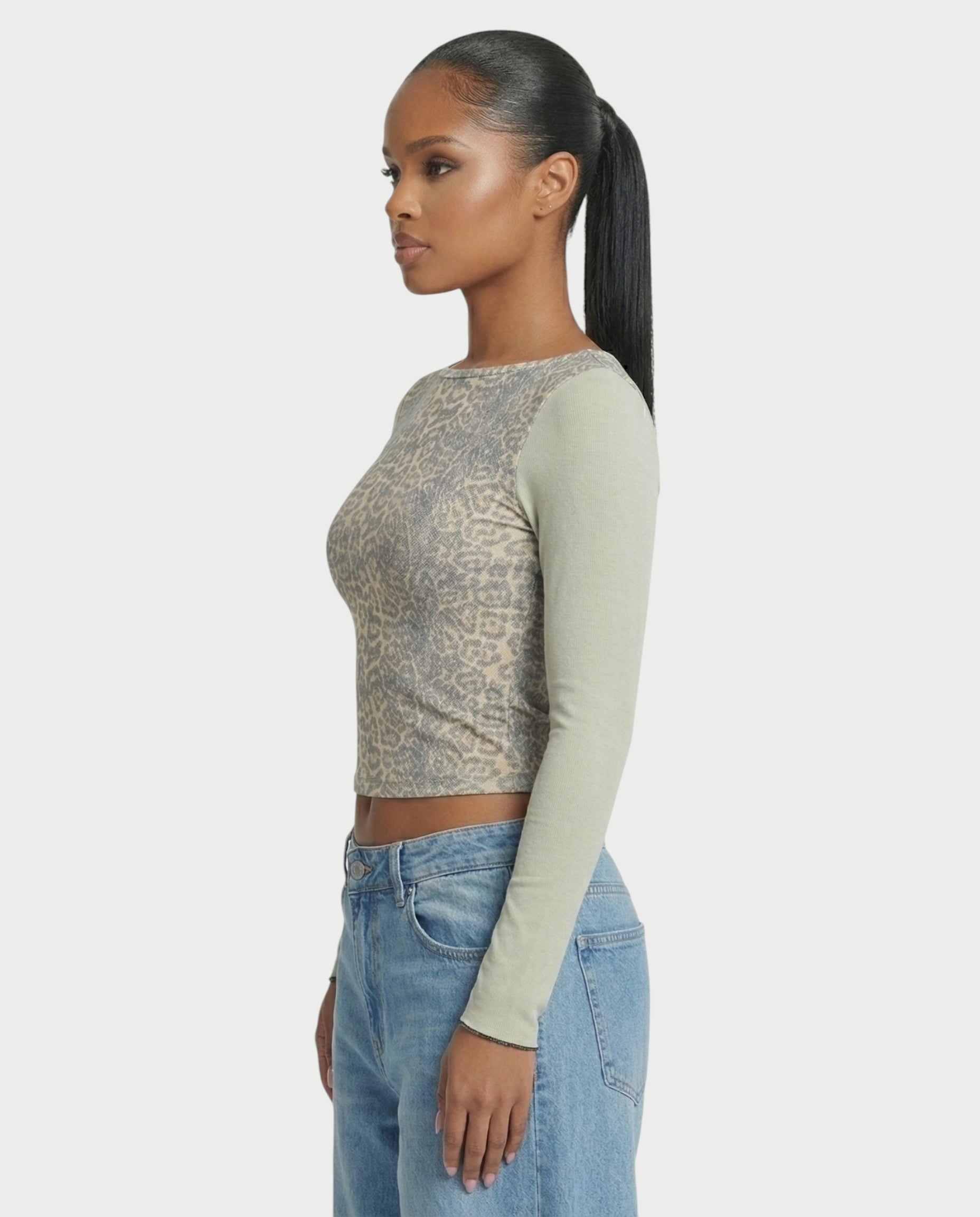 LENCIA Cotton Leopard Print Contrast Sleeve Top