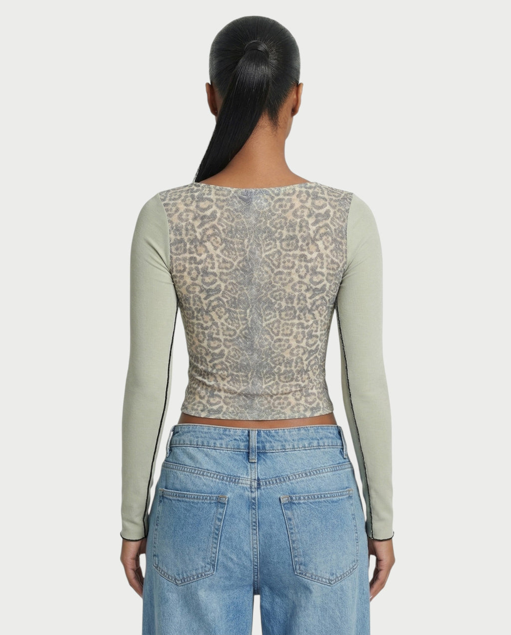 LENCIA Cotton Leopard Print Contrast Sleeve Top