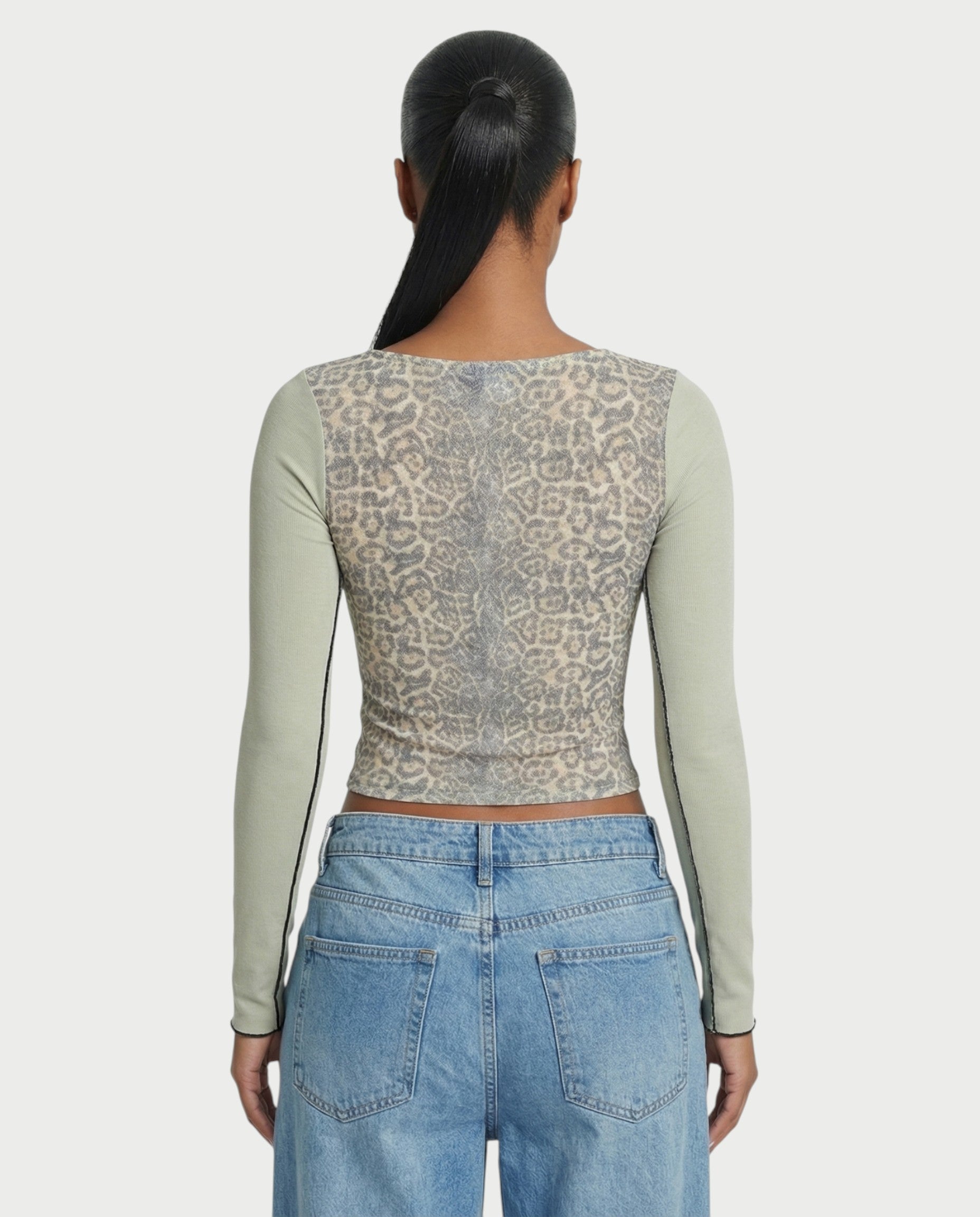 LENCIA Cotton Leopard Print Contrast Sleeve Top