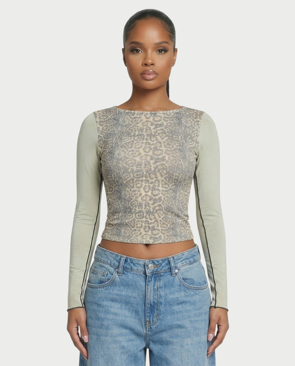 LENCIA Cotton Leopard Print Contrast Sleeve Top