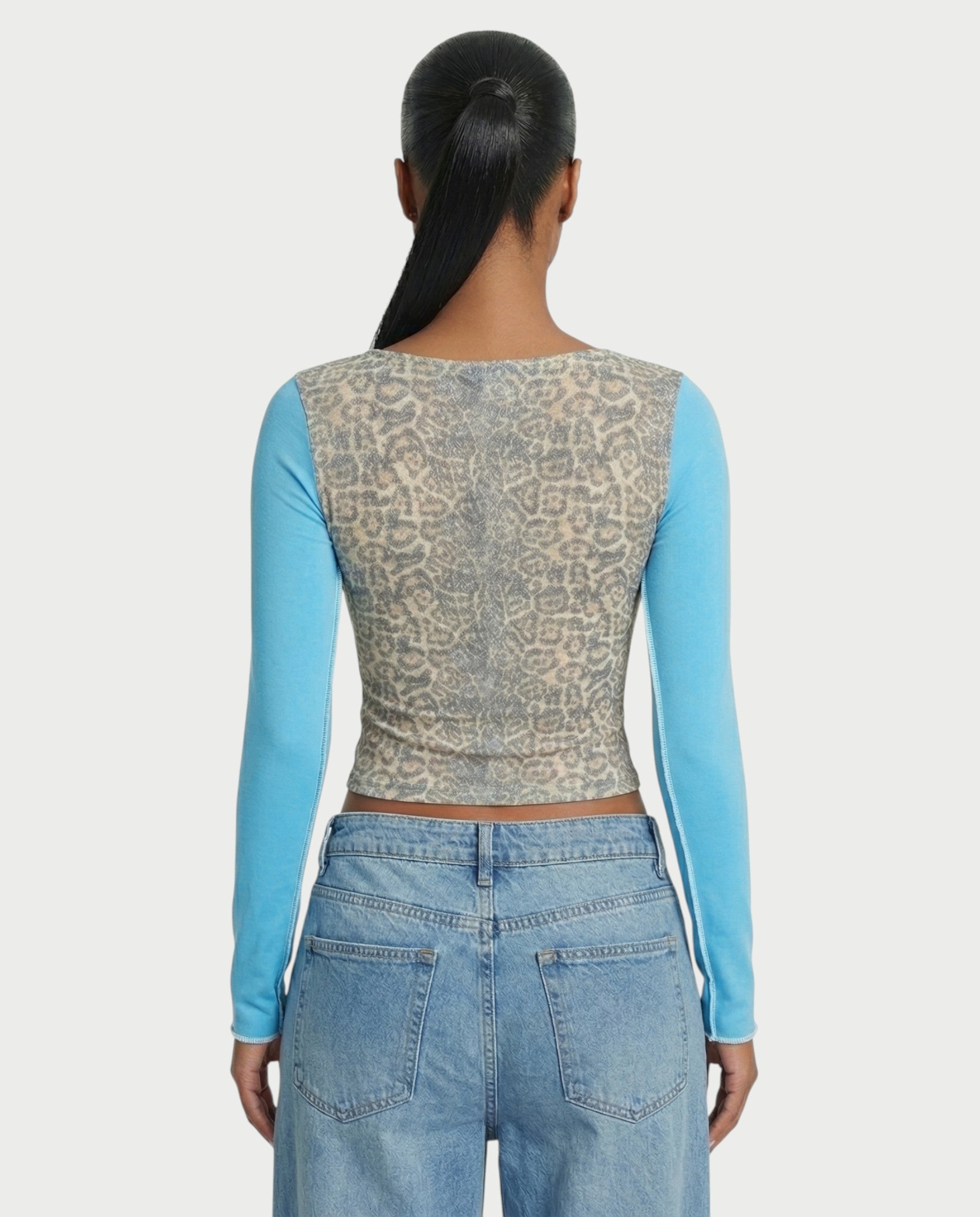 LENCIA Cotton Leopard Print Contrast Sleeve Top
