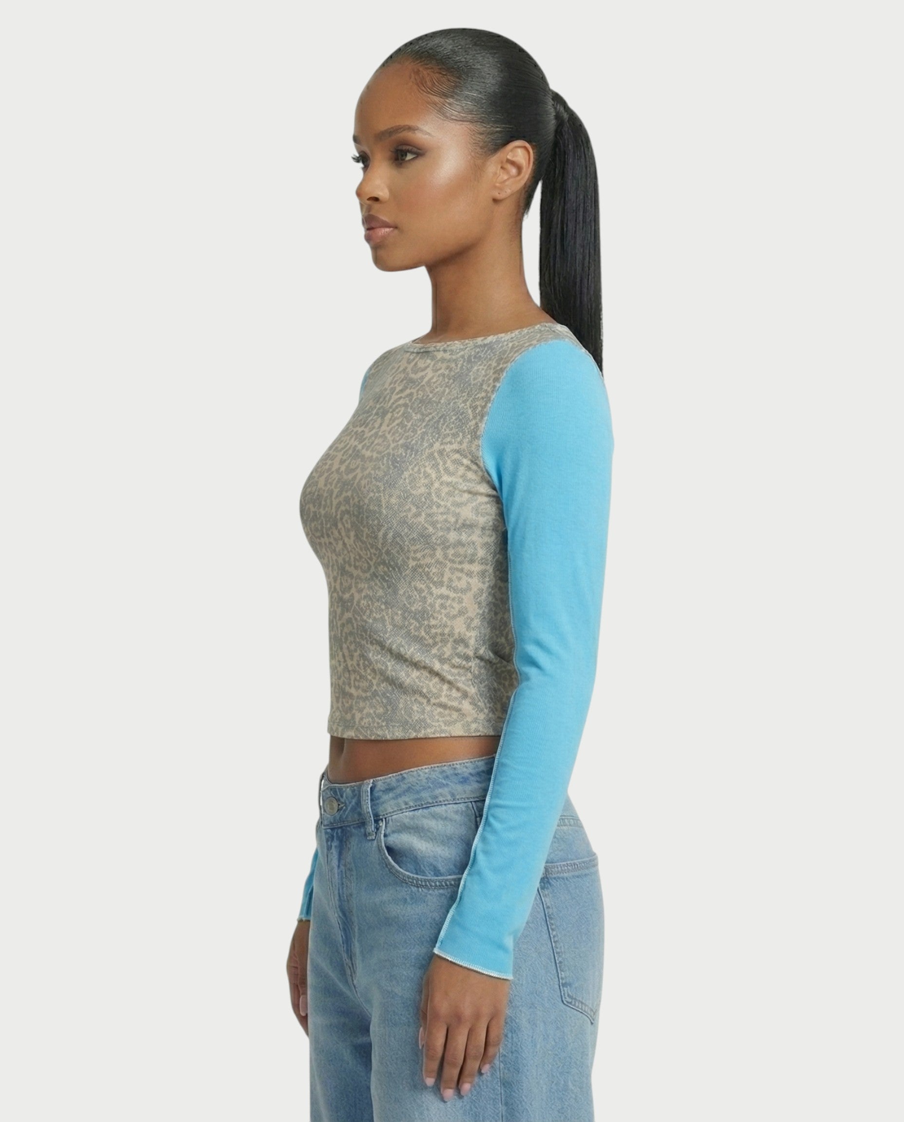 LENCIA Cotton Leopard Print Contrast Sleeve Top