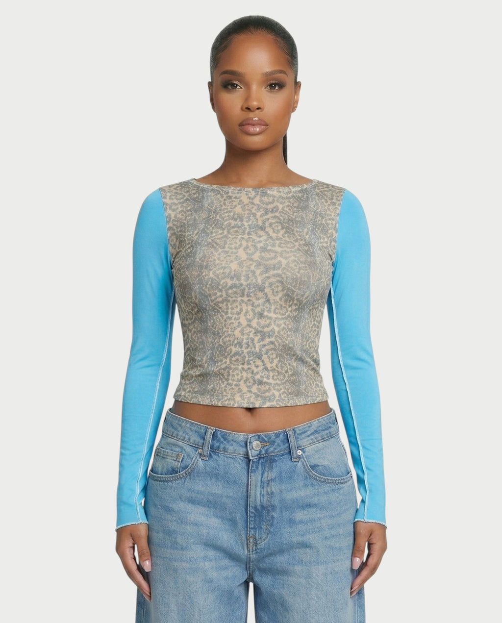 LENCIA Cotton Leopard Print Contrast Sleeve Top