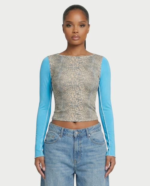 LENCIA Cotton Leopard Print Contrast Sleeve Top