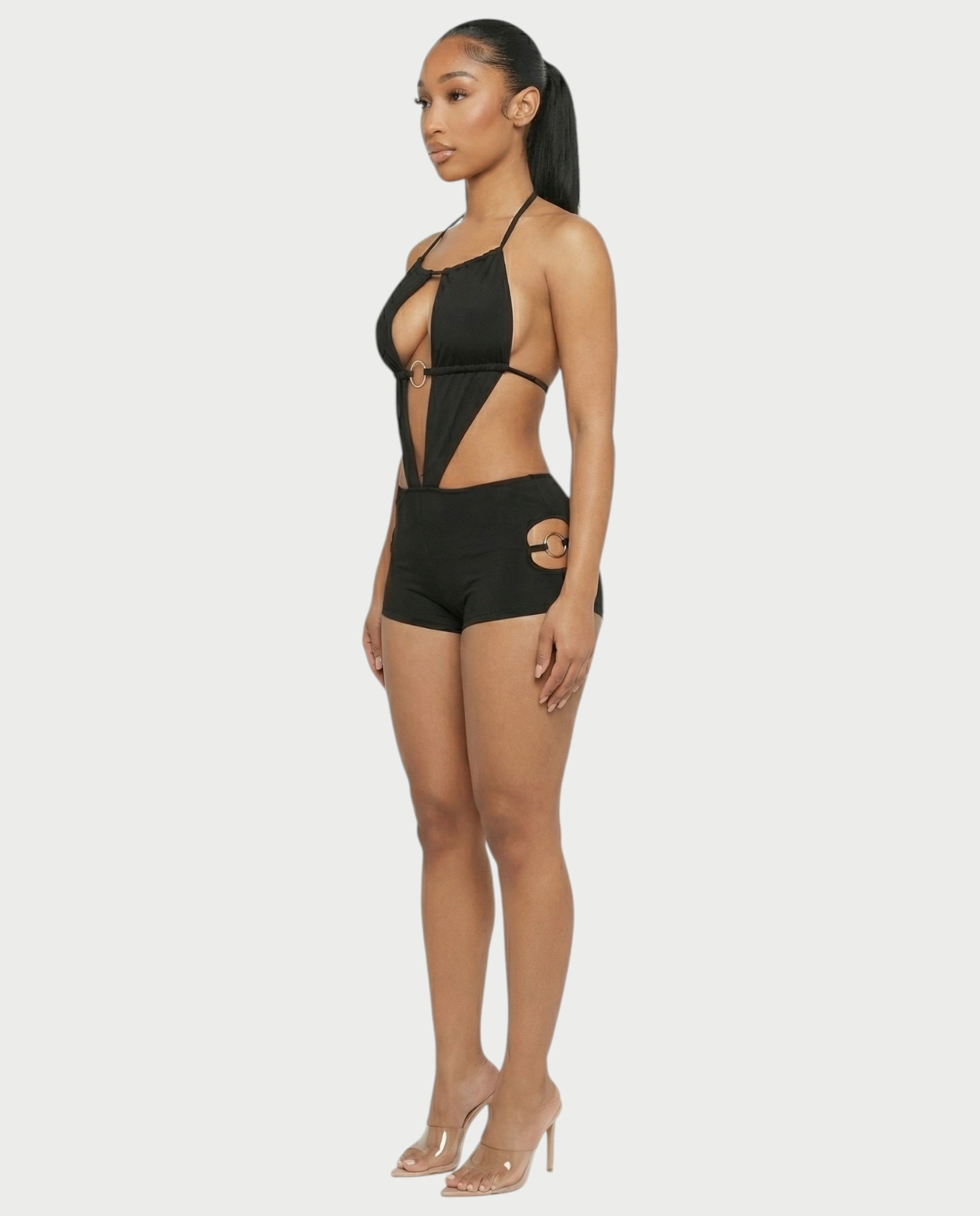 NOELA Cut-Out Ring Halter Bodycon Romper