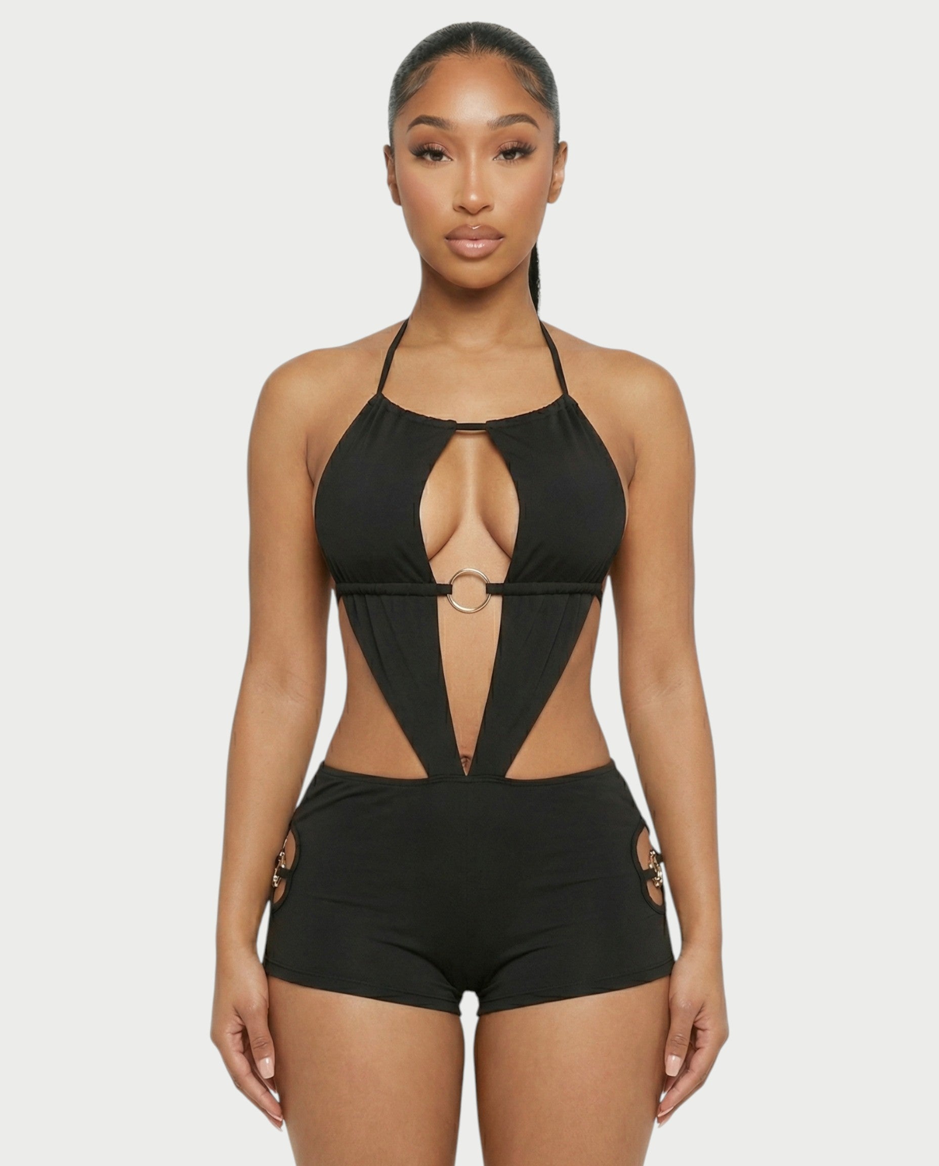 NOELA Cut-Out Ring Halter Bodycon Romper