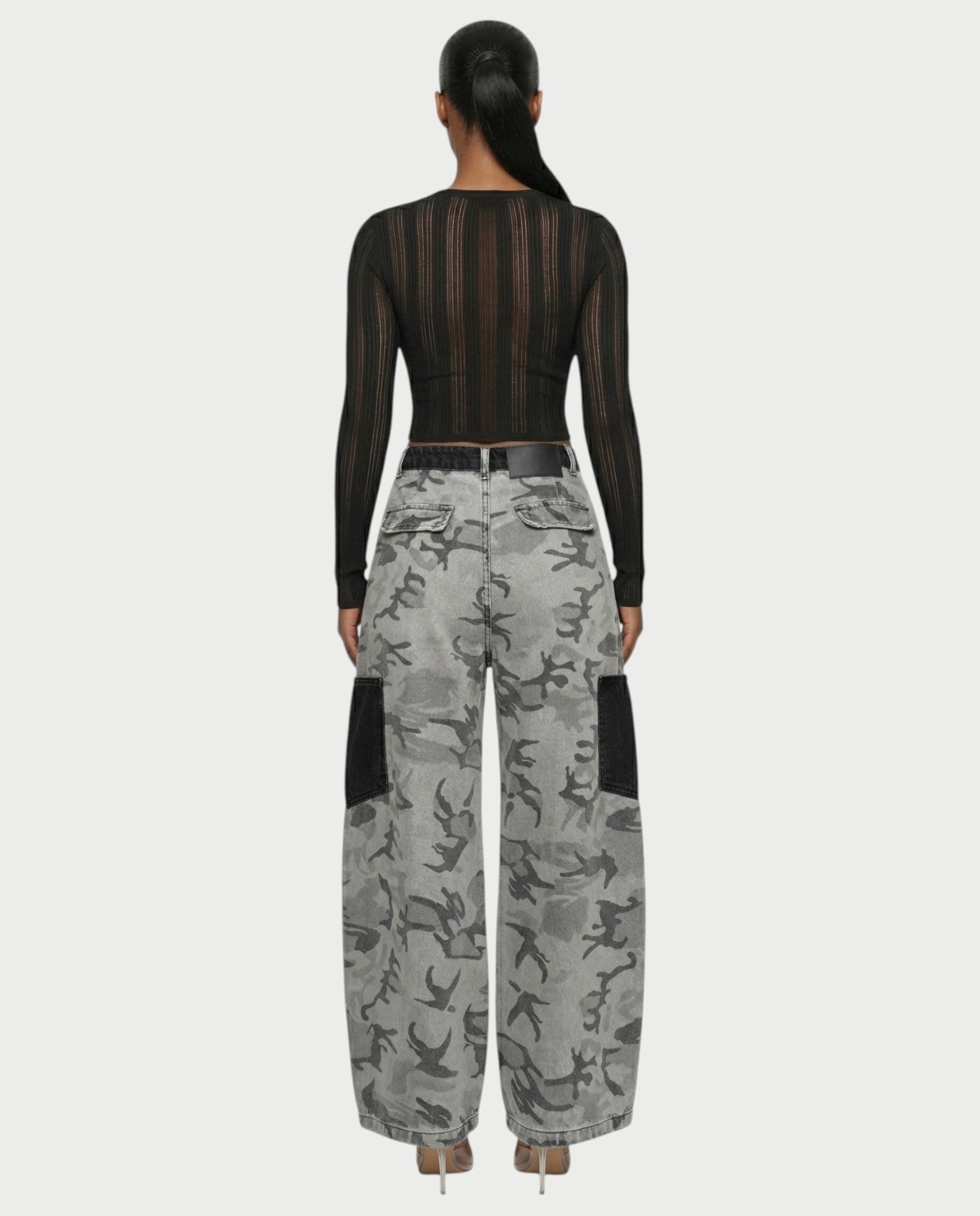 RUBINA Two-Tone Camo Panel Wide-Leg Denim Pants