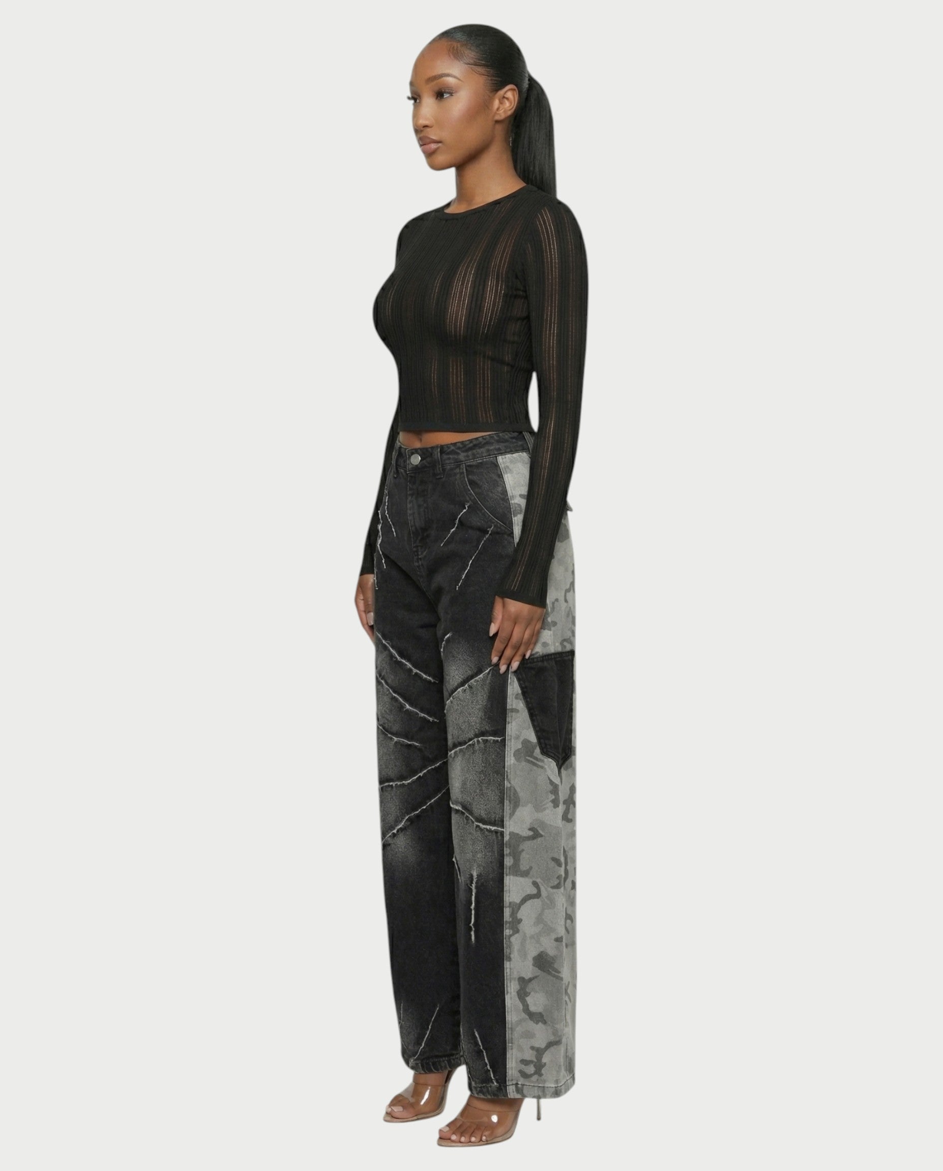 RUBINA Two-Tone Camo Panel Wide-Leg Denim Pants