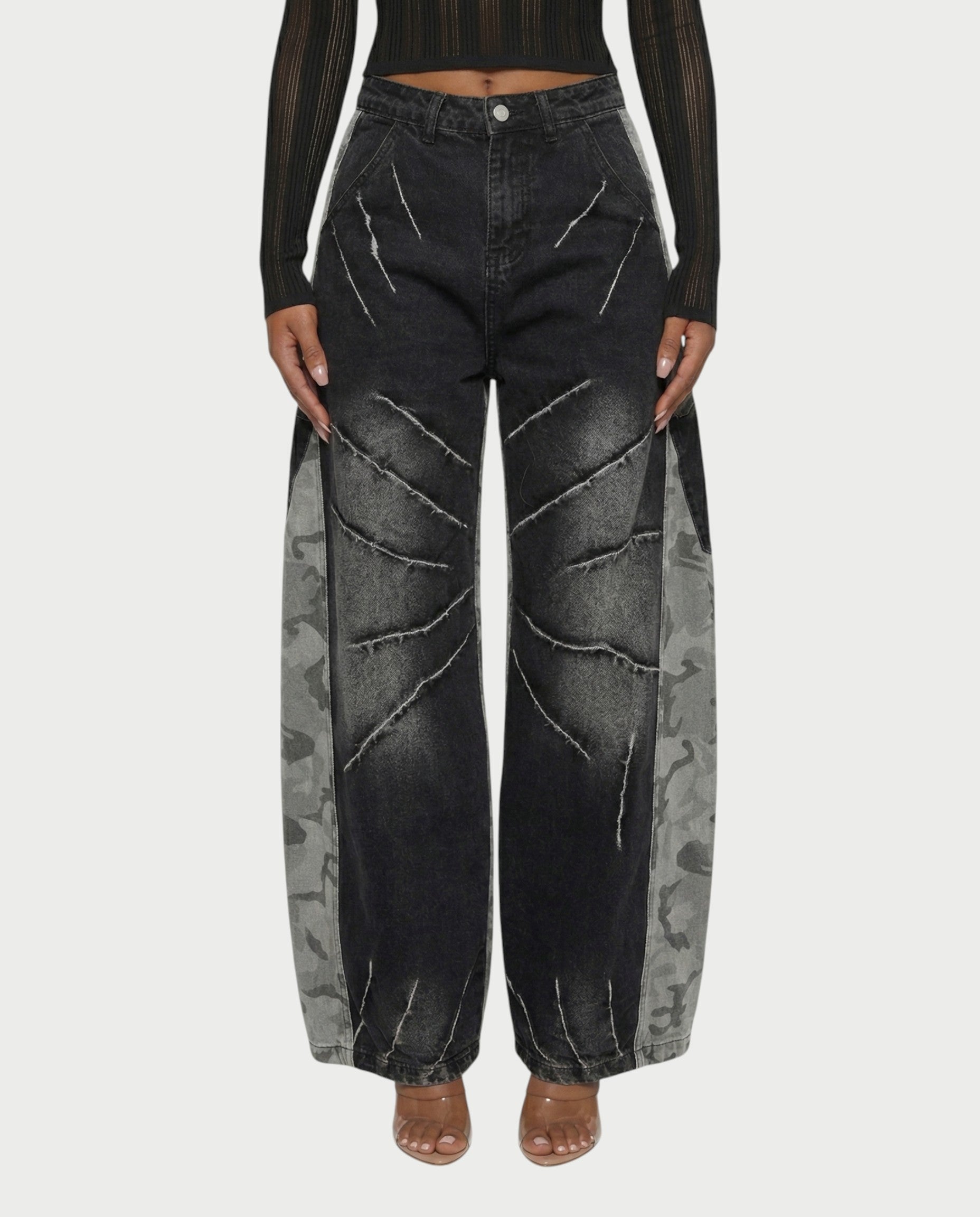 RUBINA Two-Tone Camo Panel Wide-Leg Denim Pants