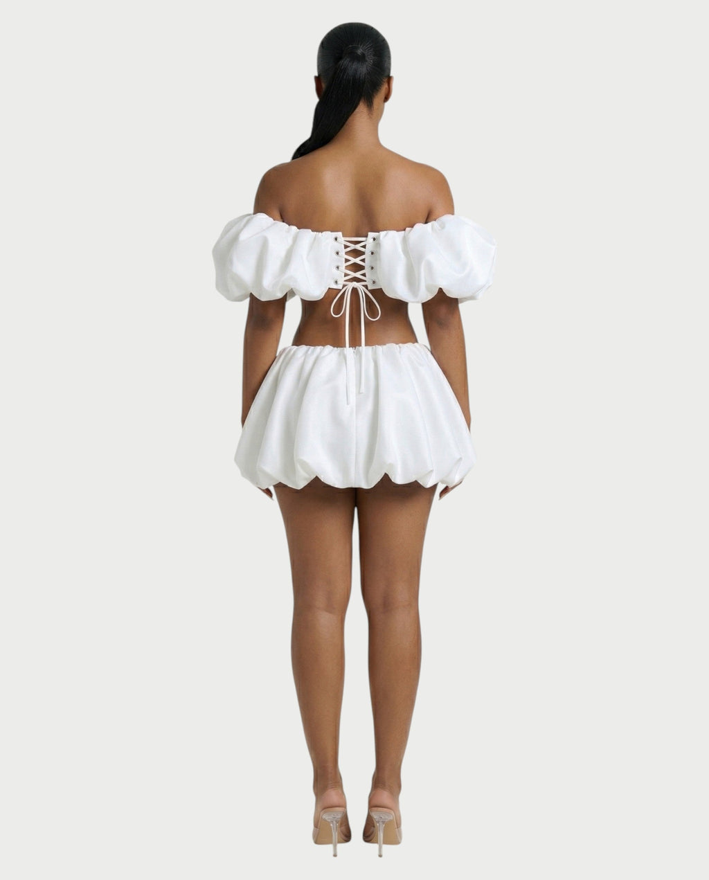 POMILE Rosette Off-Shoulder Top & Bubble Mini Skort Set