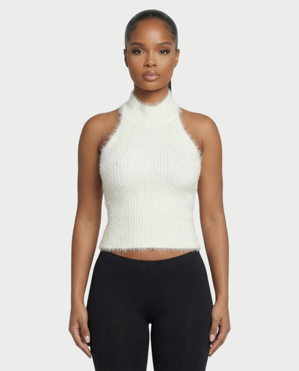 RALYN Fuzzy Ribbed Halter Neck Knit Top