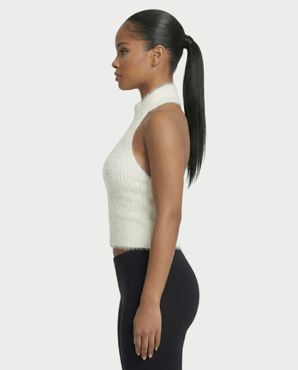 RALYN Fuzzy Ribbed Halter Neck Knit Top