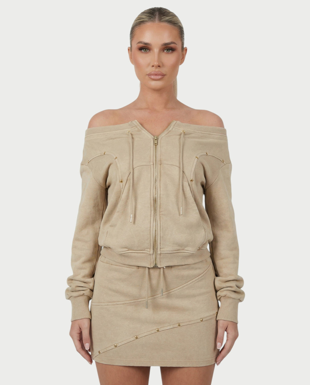 GWENY Retro Long-sleeved Studded Jacket & Skirt Set