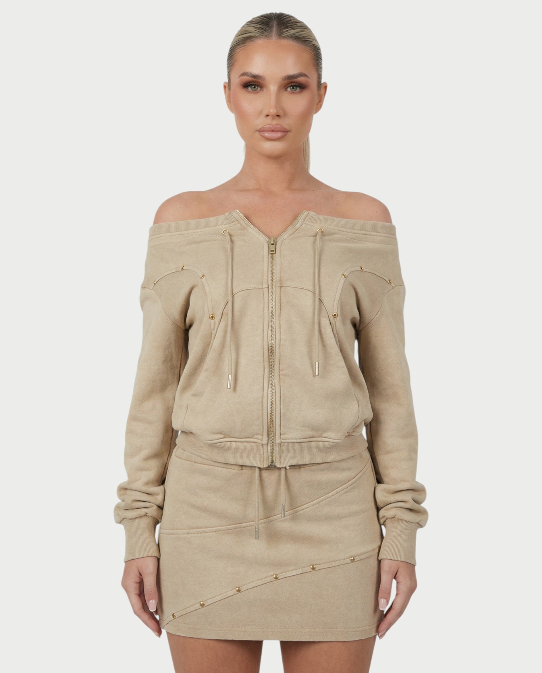 GWENY Retro Long-sleeved Studded Jacket & Skirt Set