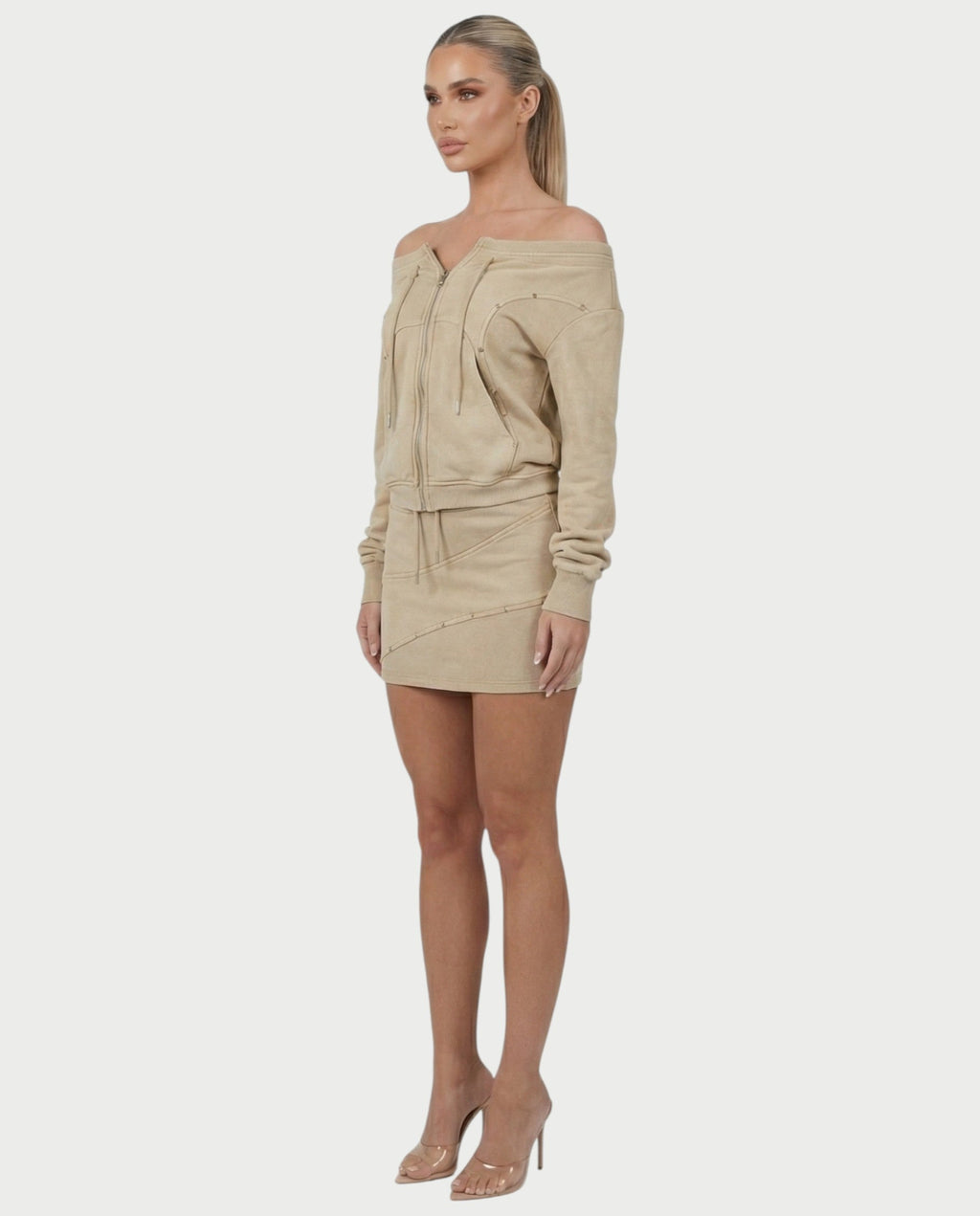 GWENY Retro Long-sleeved Studded Jacket & Skirt Set