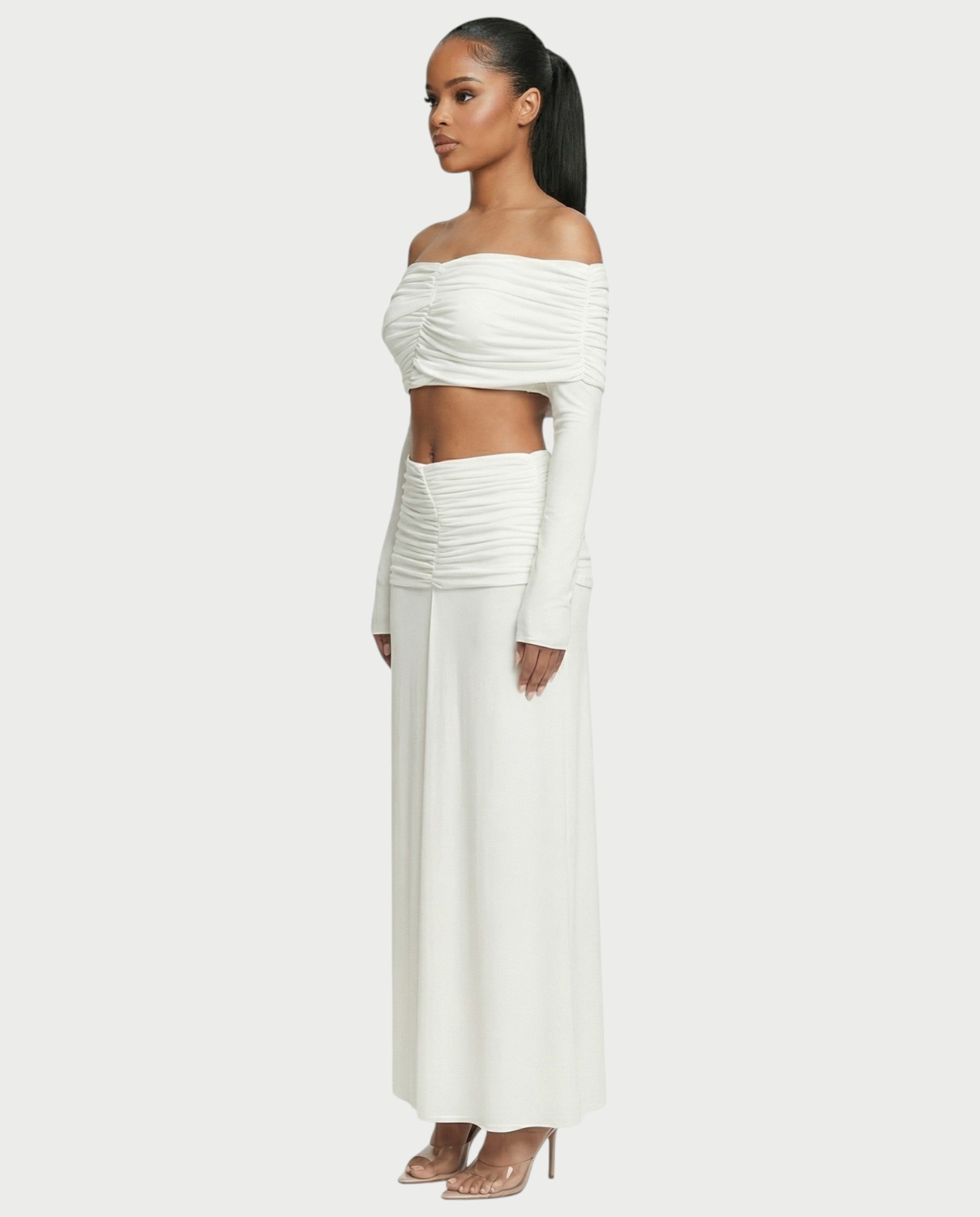 QUENA Off-Shoulder Ruched Crop Top & Maxi Skirt Set