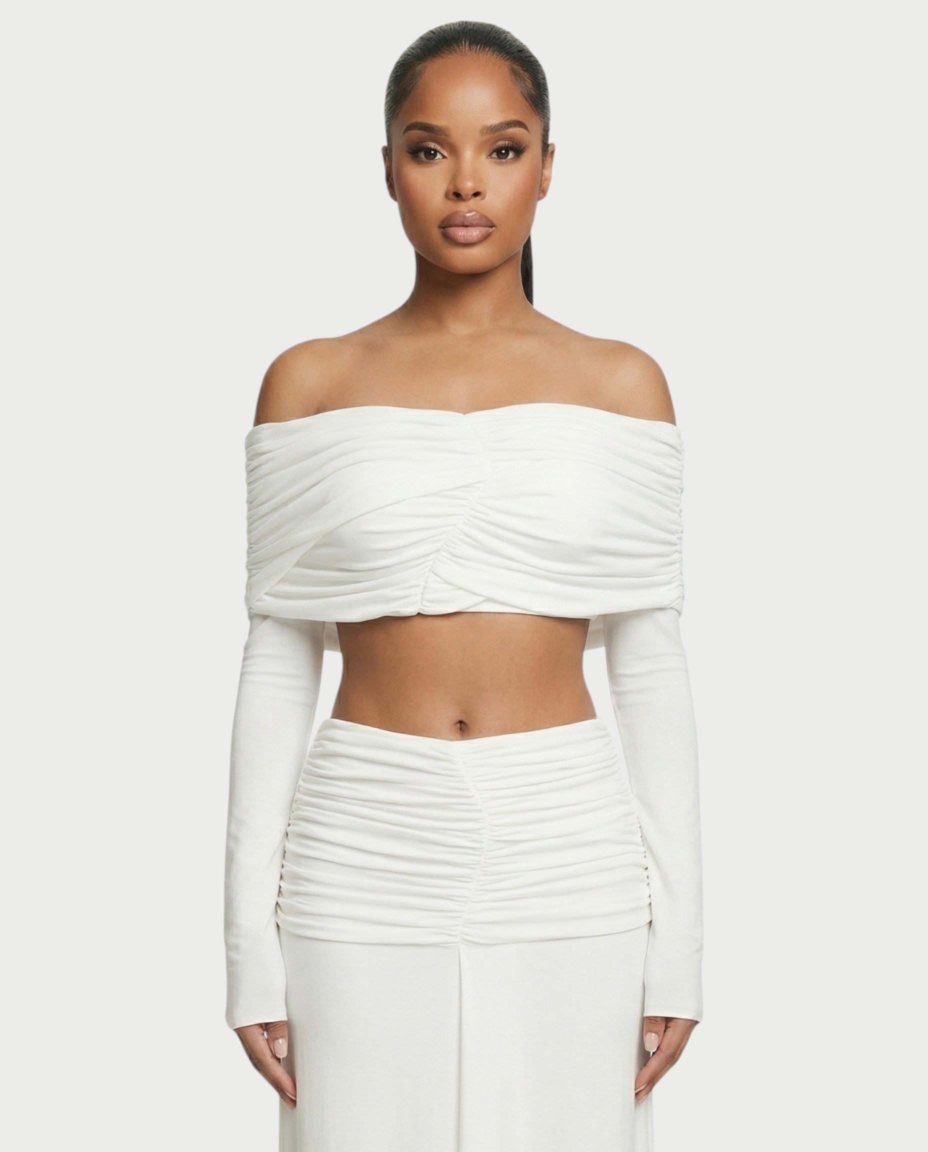 QUENA Off-Shoulder Ruched Crop Top & Maxi Skirt Set