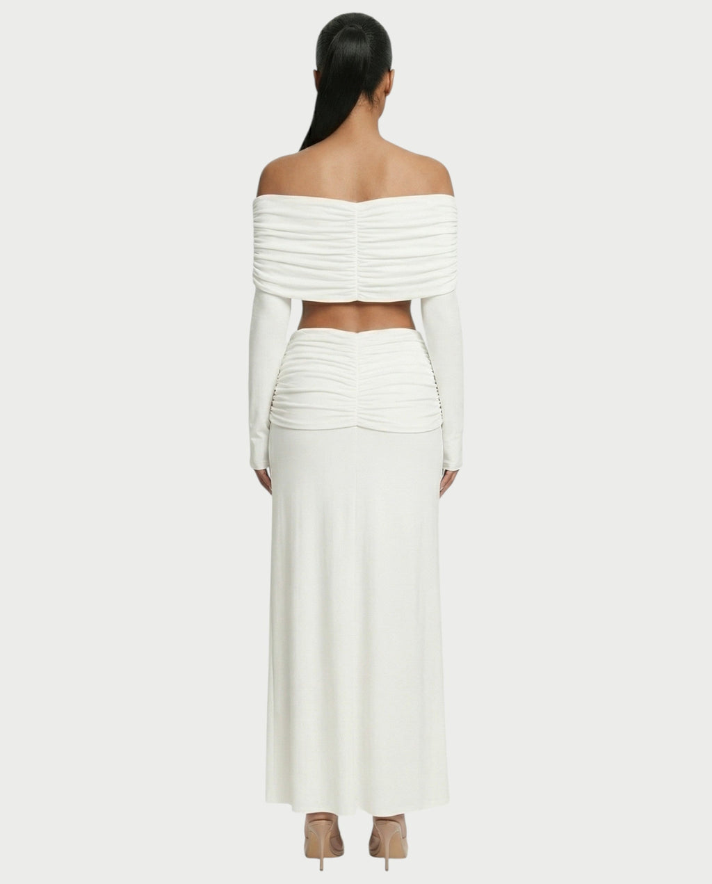 QUENA Off-Shoulder Ruched Crop Top & Maxi Skirt Set