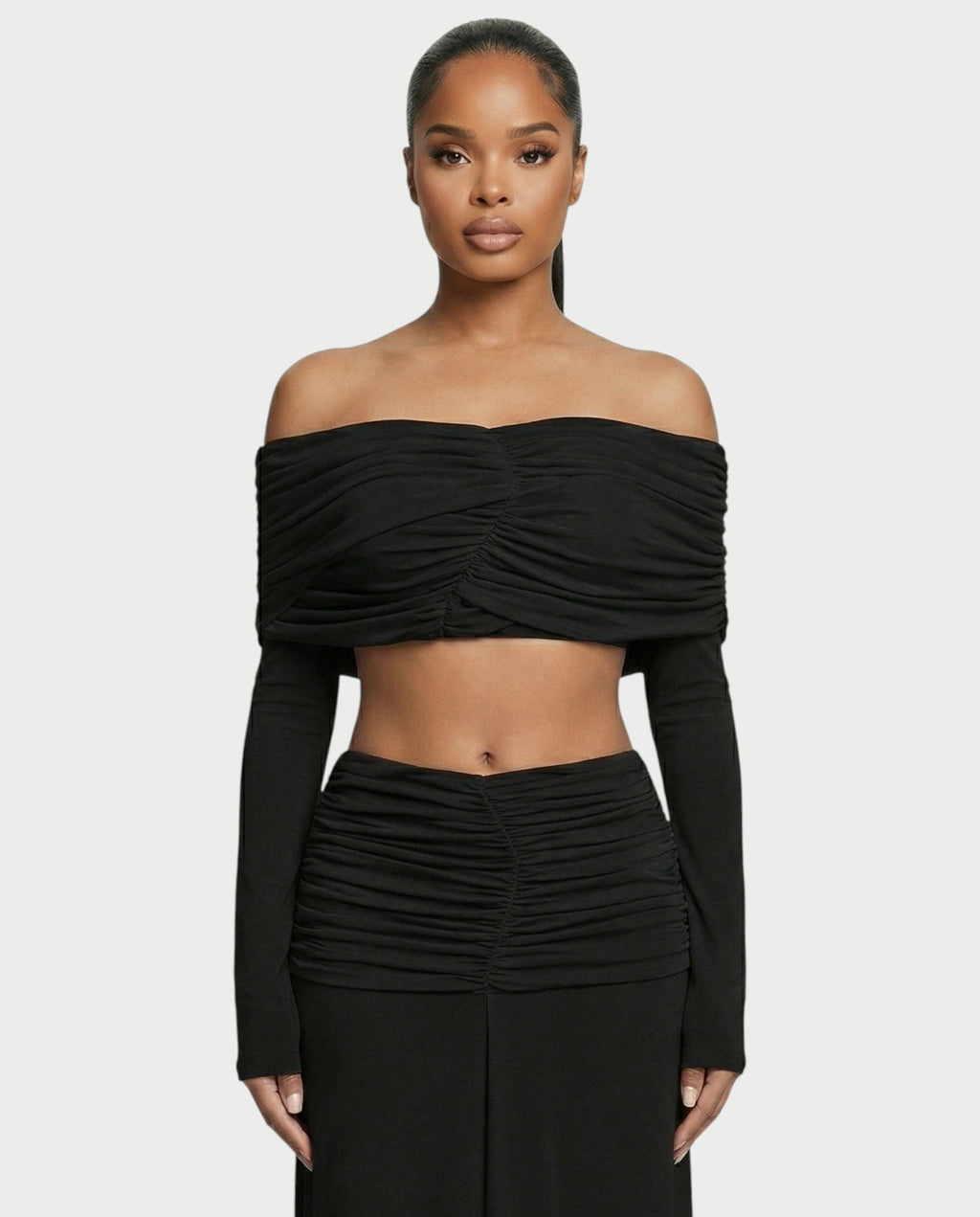 QUENA Off-Shoulder Ruched Crop Top & Maxi Skirt Set