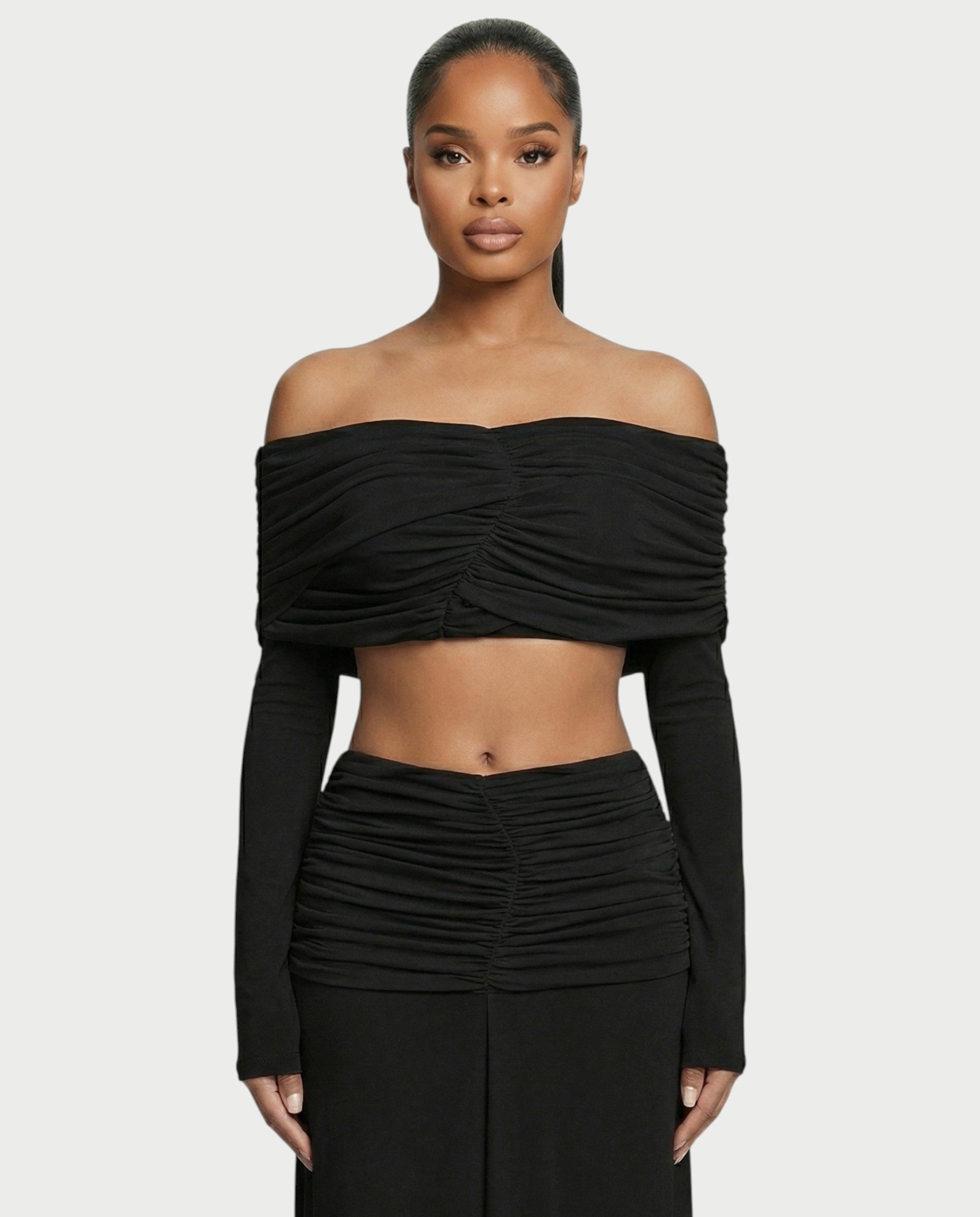 QUENA Off-Shoulder Ruched Crop Top & Maxi Skirt Set