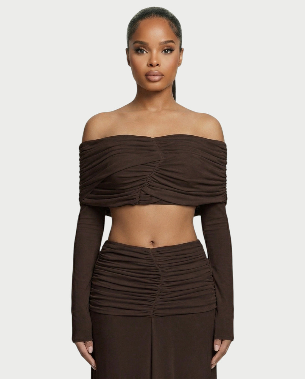 QUENA Off-Shoulder Ruched Crop Top & Maxi Skirt Set