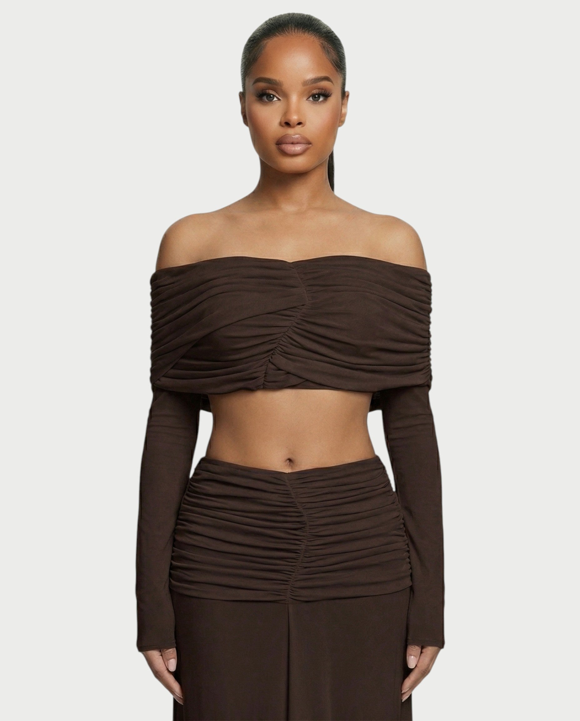 QUENA Off-Shoulder Ruched Crop Top & Maxi Skirt Set