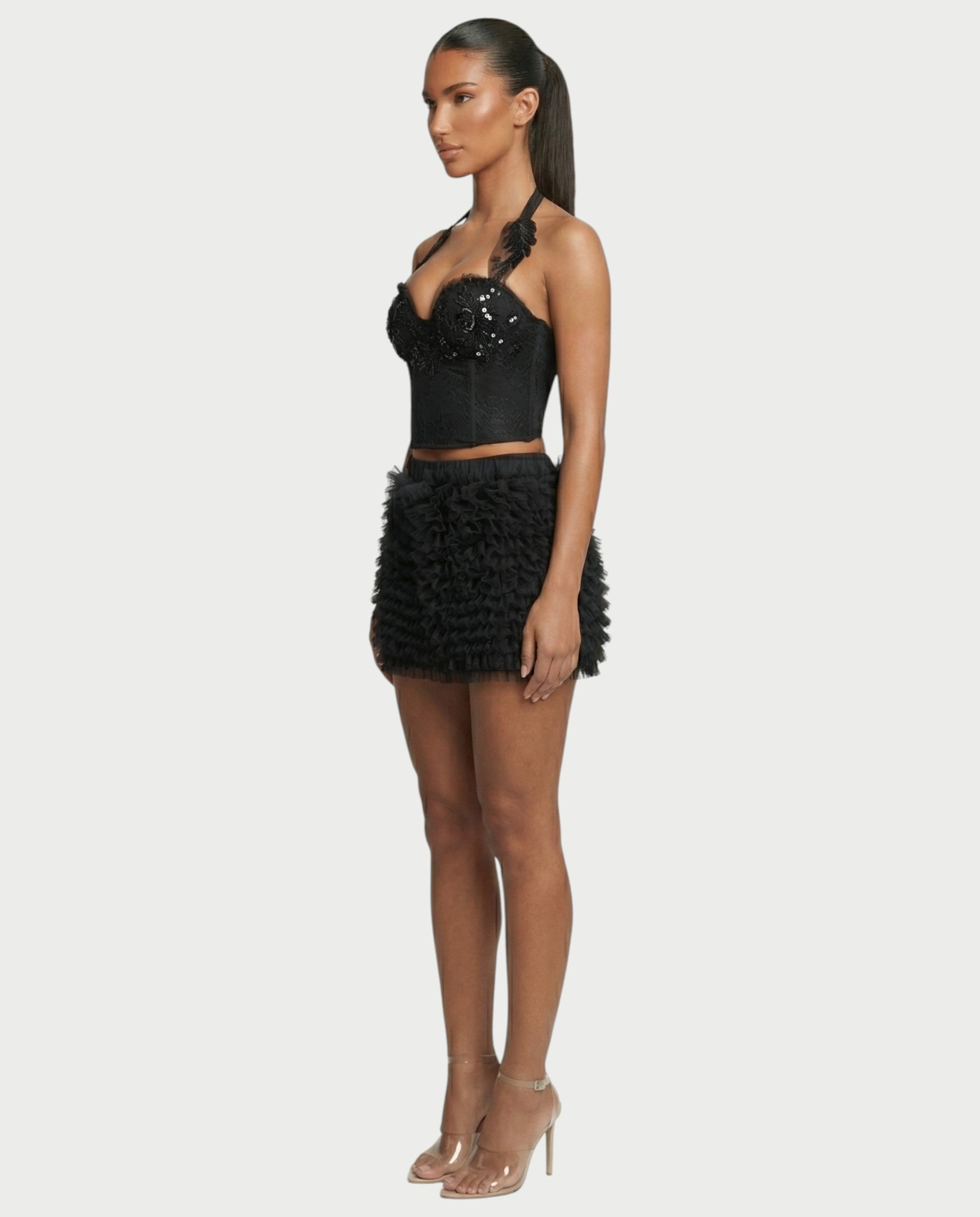 NIXIE Sequin Floral Corset Crop Top & Ruffle Skirt Set