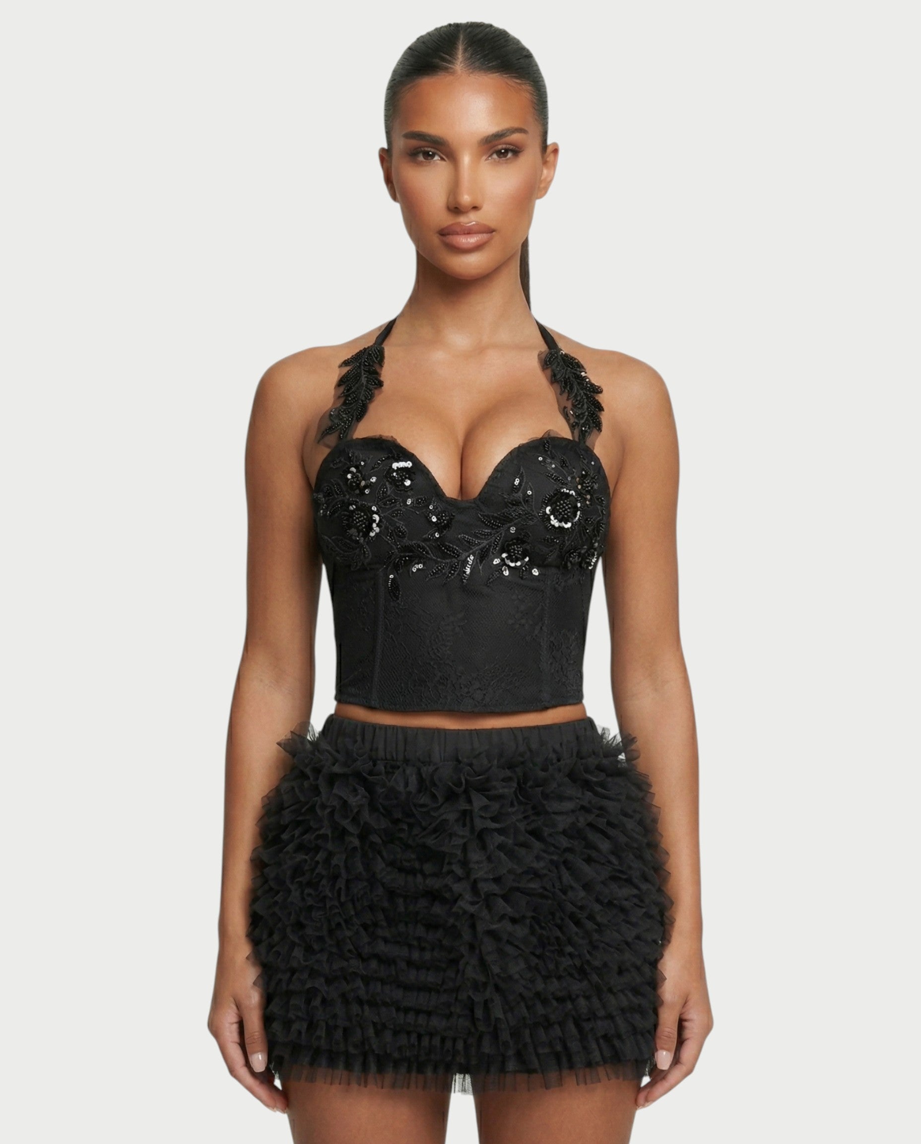 NIXIE Sequin Floral Corset Crop Top & Ruffle Skirt Set