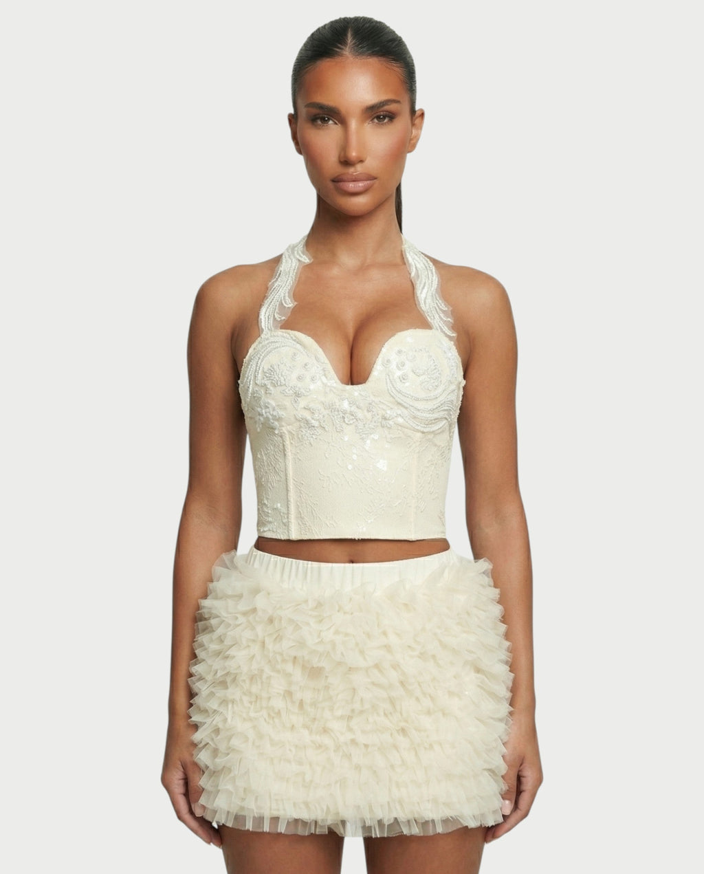 NIXIE Sequin Floral Corset Crop Top & Ruffle Skirt Set