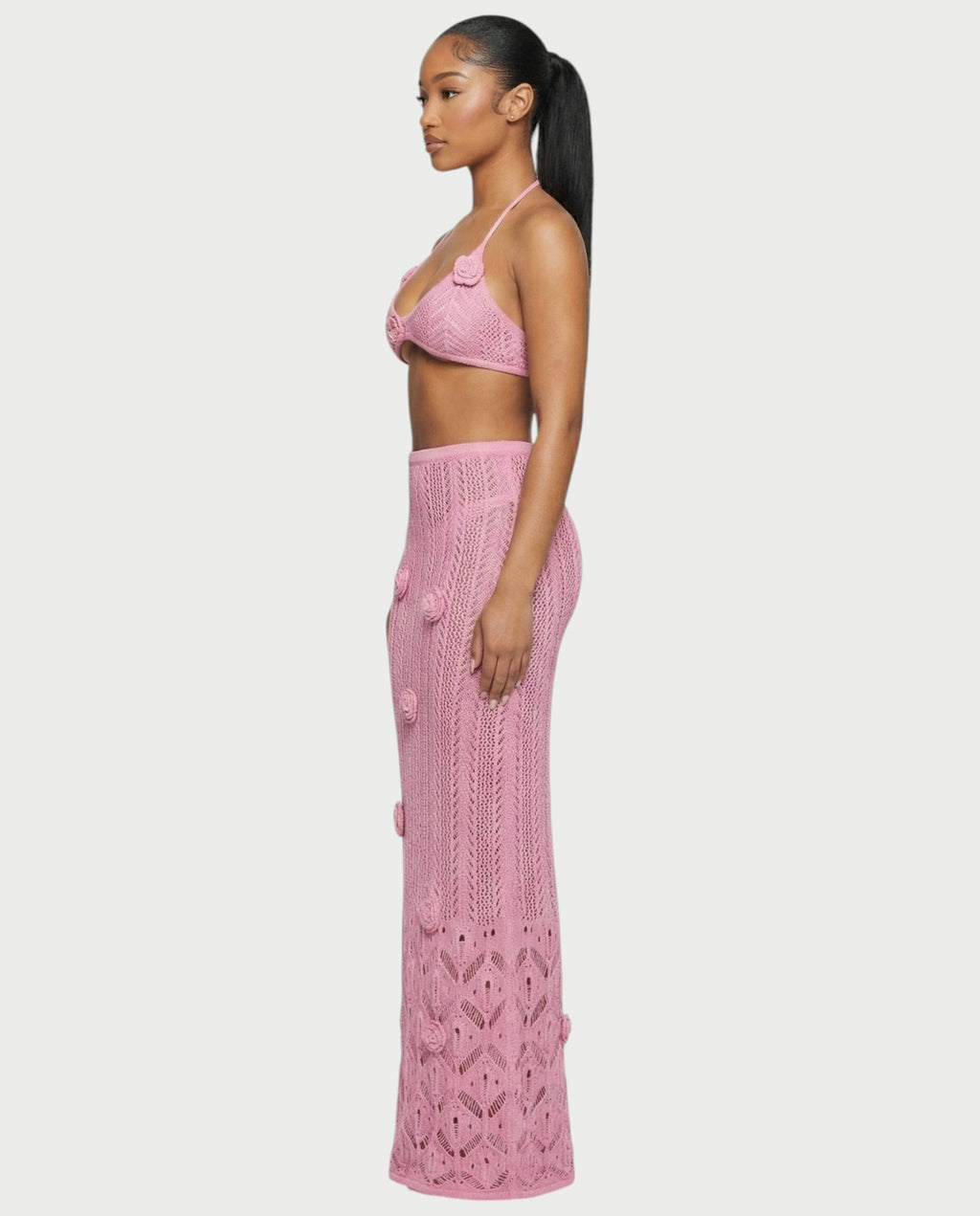 BERYN Crochet Rose Halter Top & Maxi Skirt Set