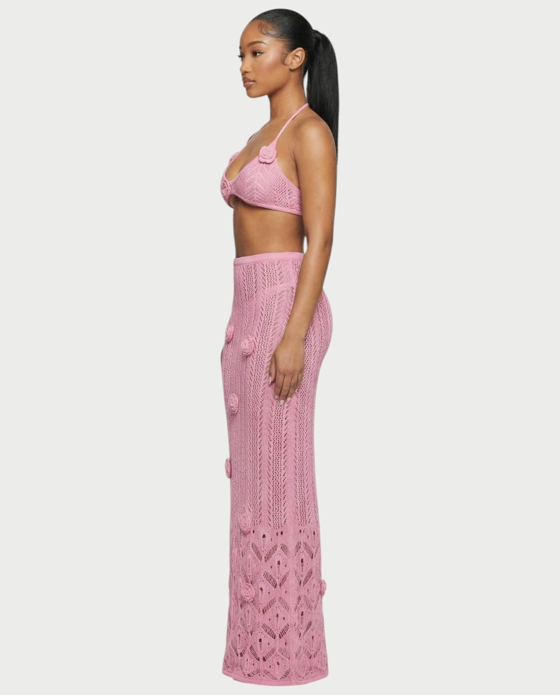 BERYN Crochet Rose Halter Top & Maxi Skirt Set