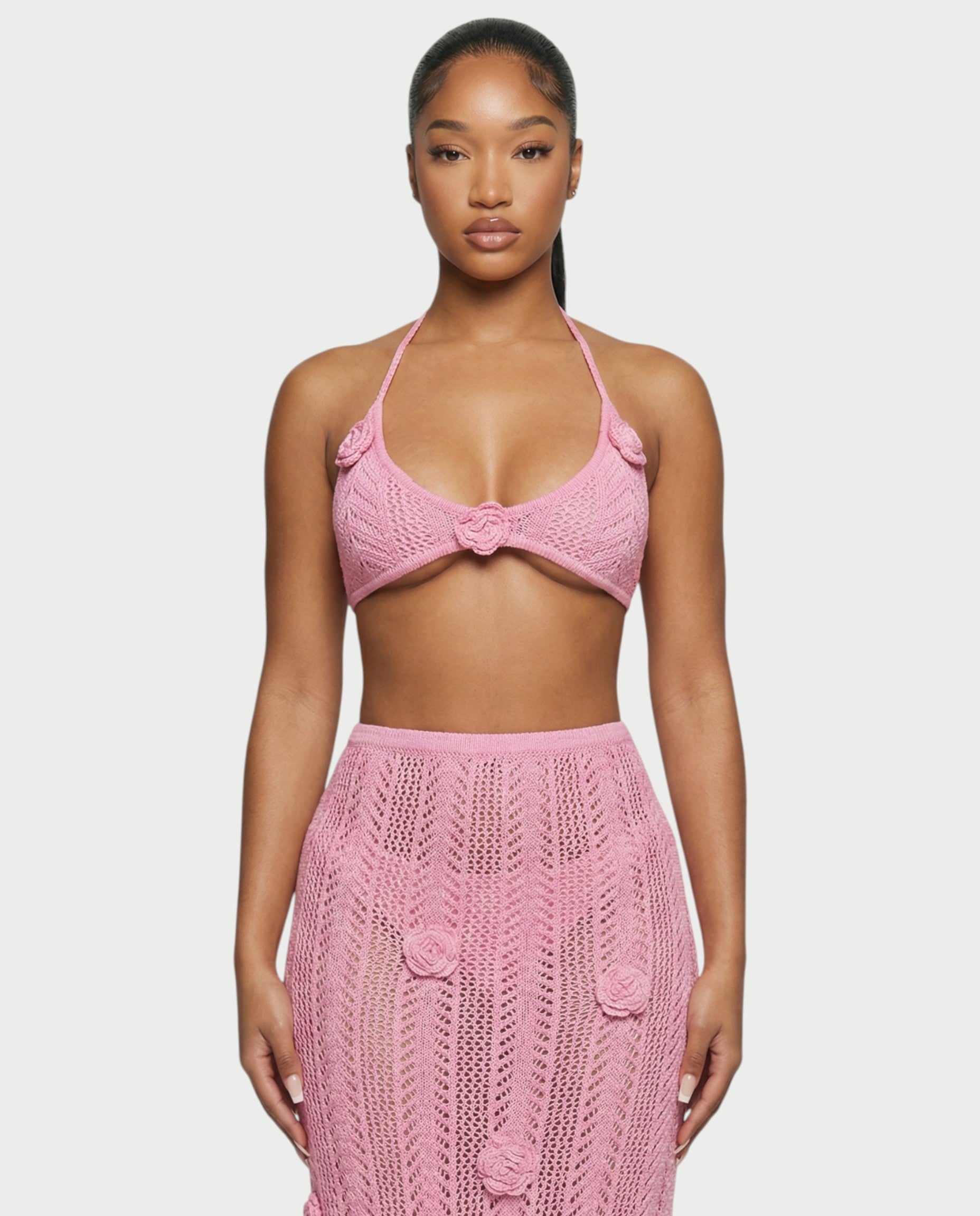BERYN Crochet Rose Halter Top & Maxi Skirt Set