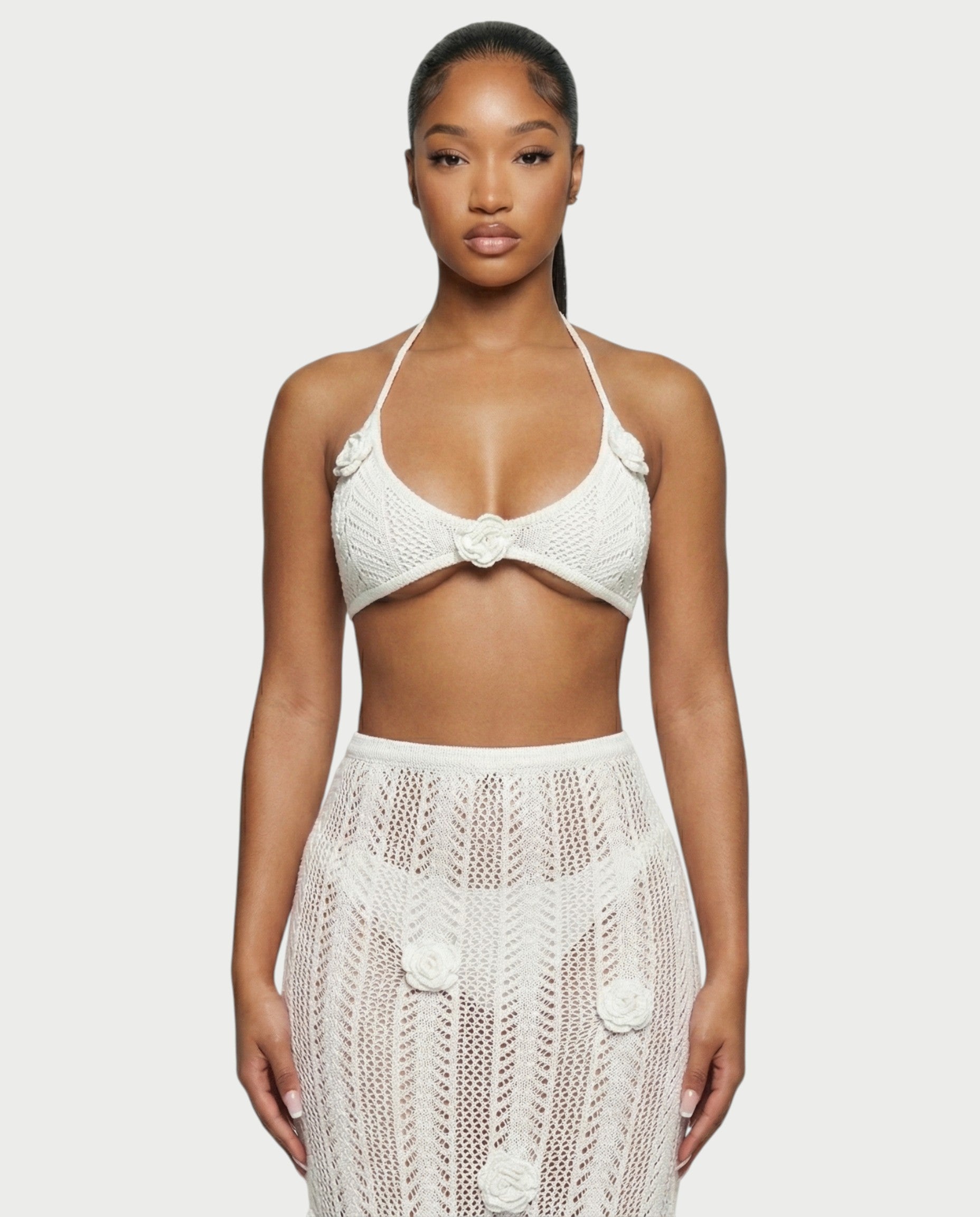 BERYN Crochet Rose Halter Top & Maxi Skirt Set