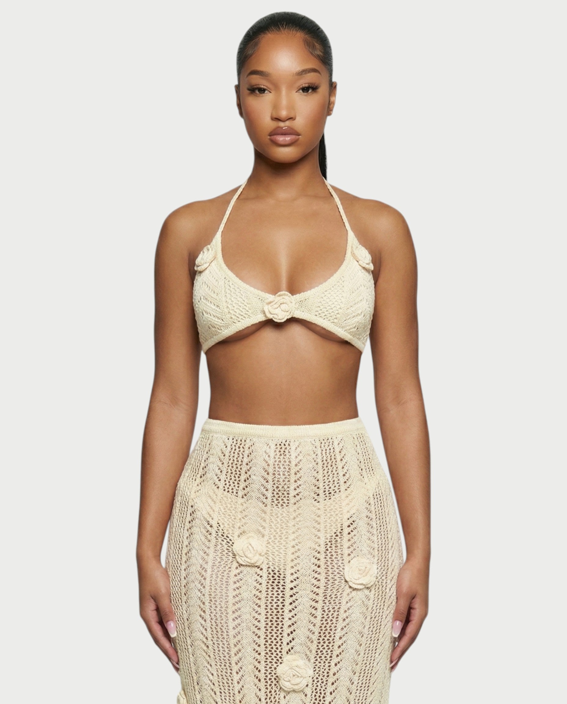 BERYN Crochet Rose Halter Top & Maxi Skirt Set