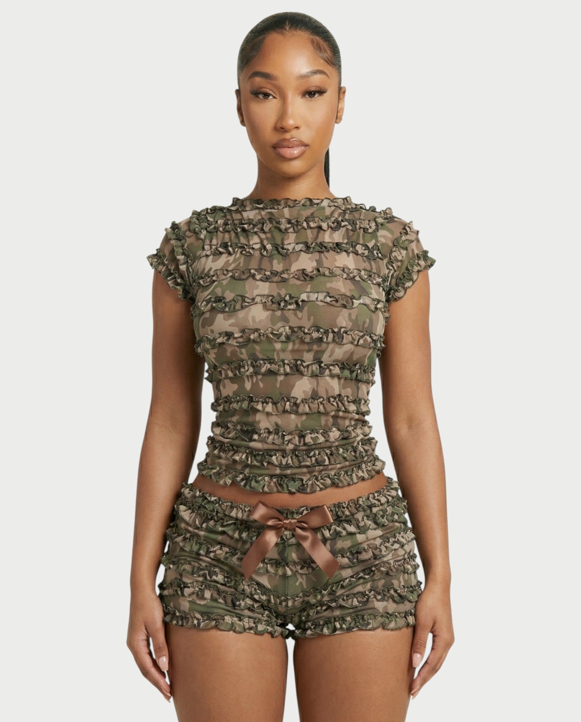 GALENA Ruffle Lace-Up Back Crop Top & Shorts Set