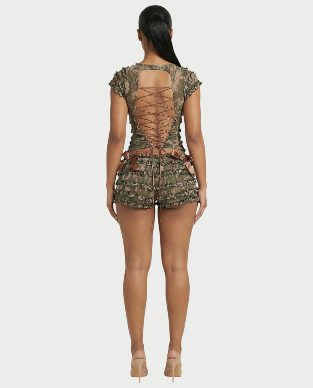 GALENA Ruffle Lace-Up Back Crop Top & Shorts Set