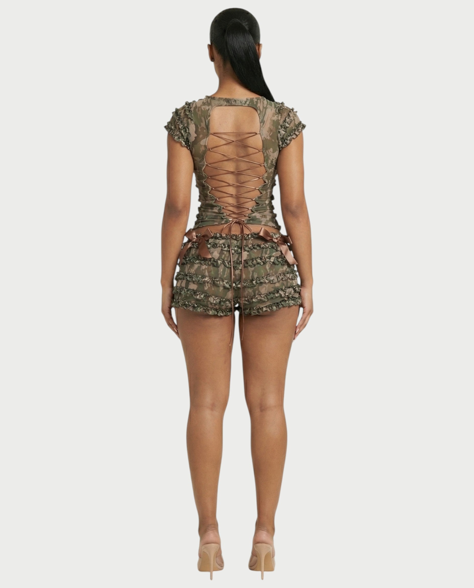 GALENA Ruffle Lace-Up Back Crop Top & Shorts Set
