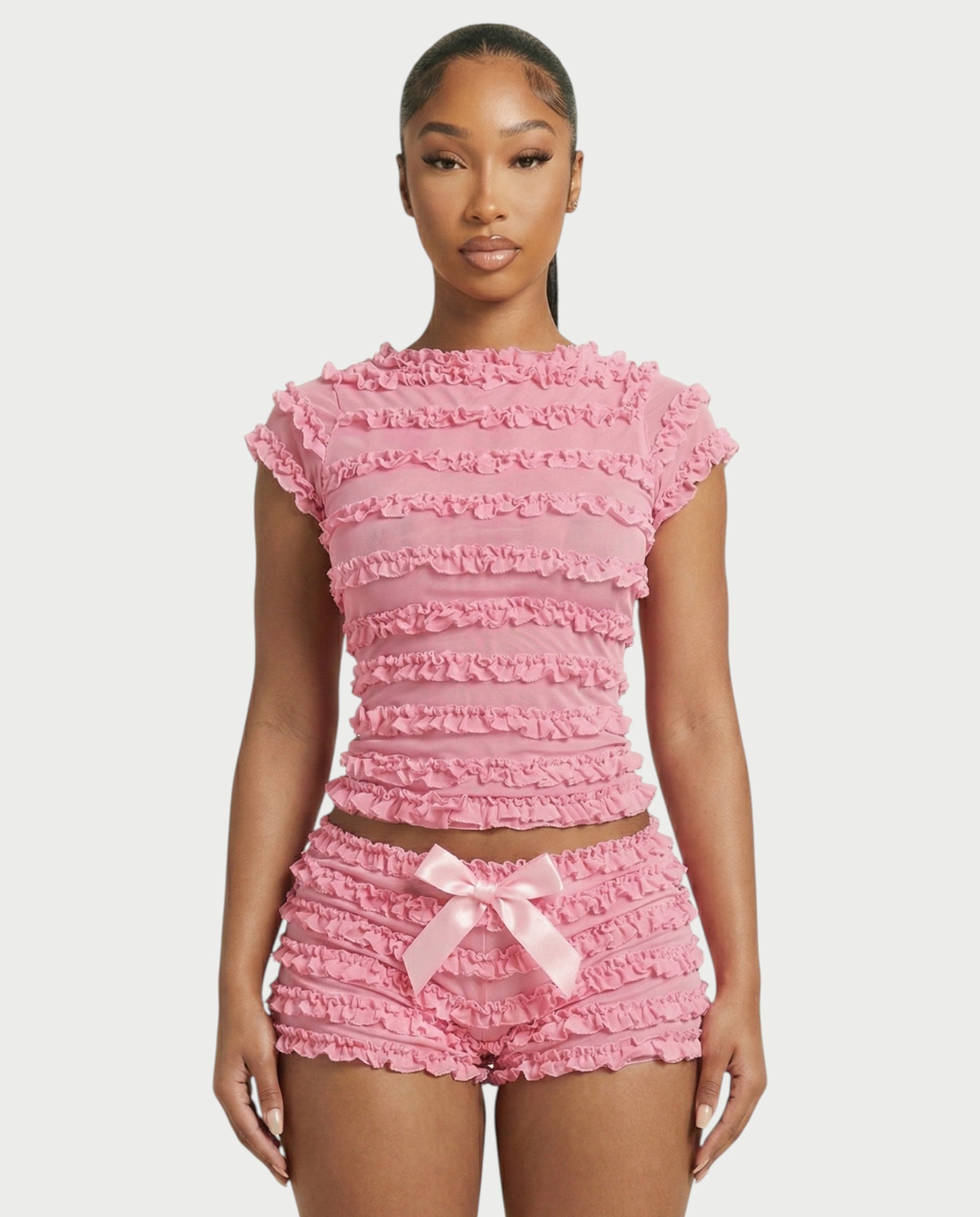 GALENA Ruffle Lace-Up Back Crop Top & Shorts Set