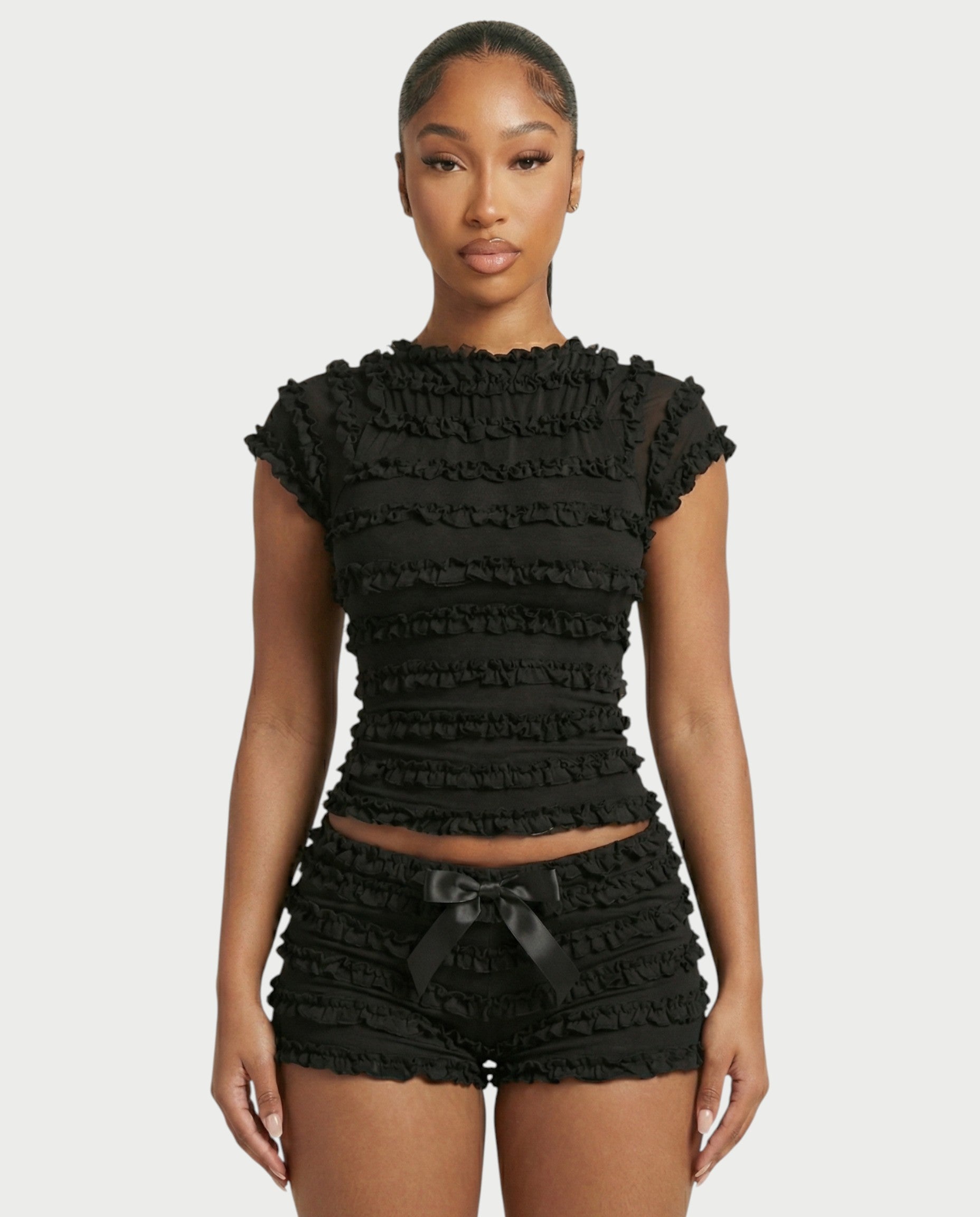 GALENA Ruffle Lace-Up Back Crop Top & Shorts Set