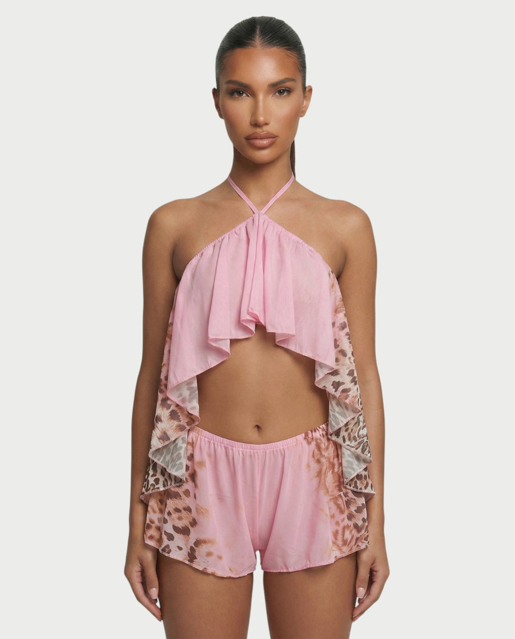 NERYA Leopard Backless Flowy Top & Shorts Set