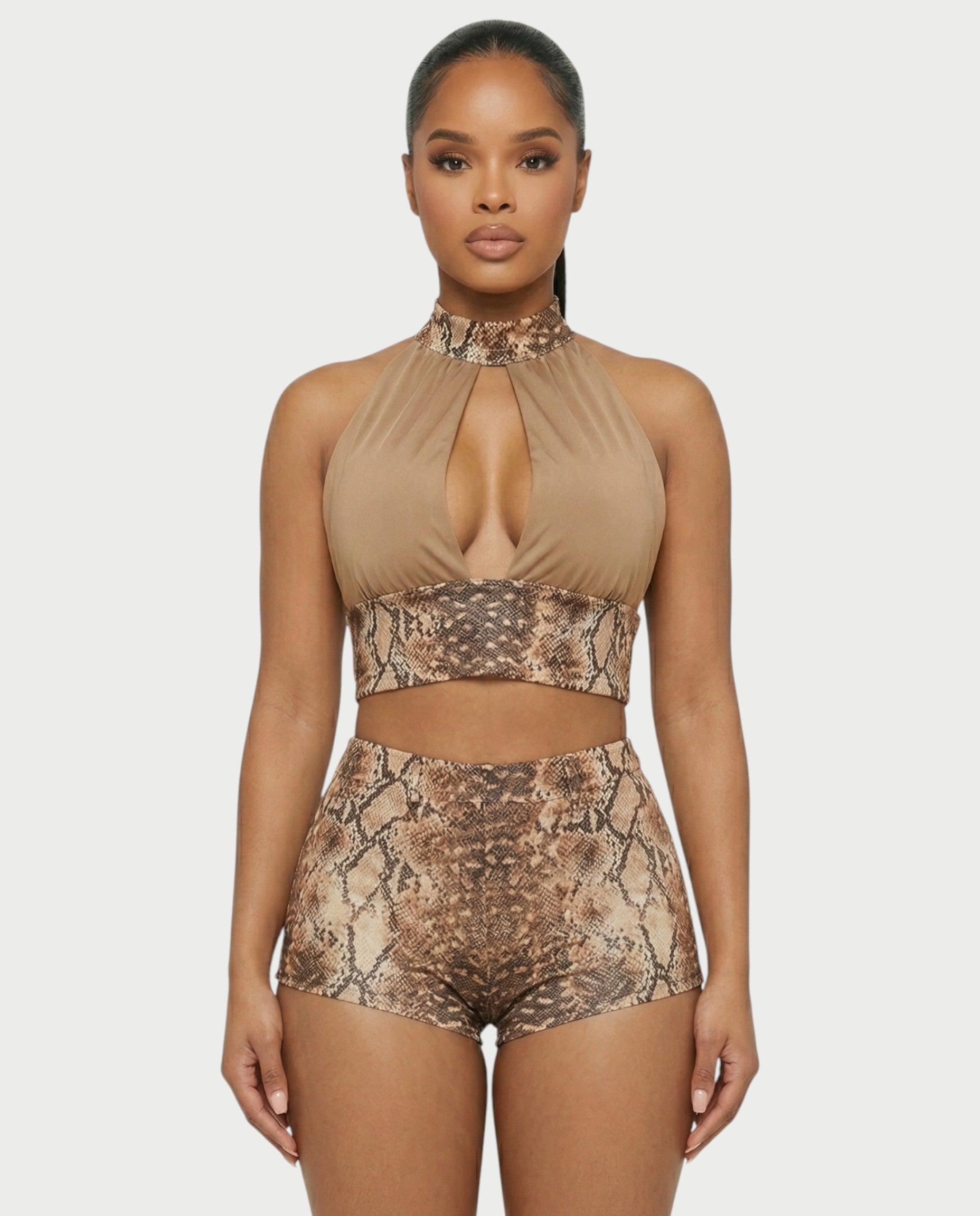 EMINA Snake Print Crop Top & High-Waisted Shorts Set