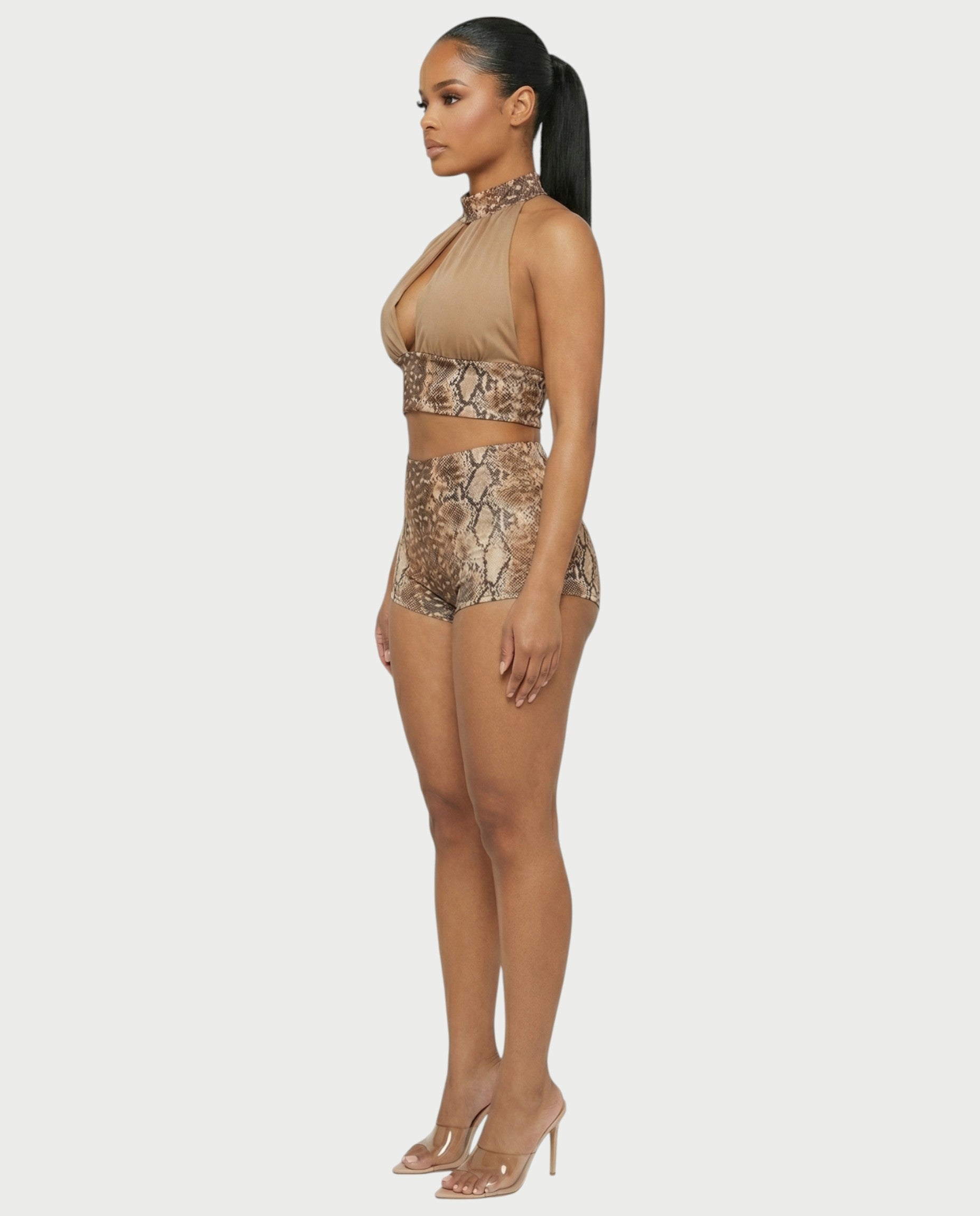 EMINA Snake Print Crop Top & High-Waisted Shorts Set
