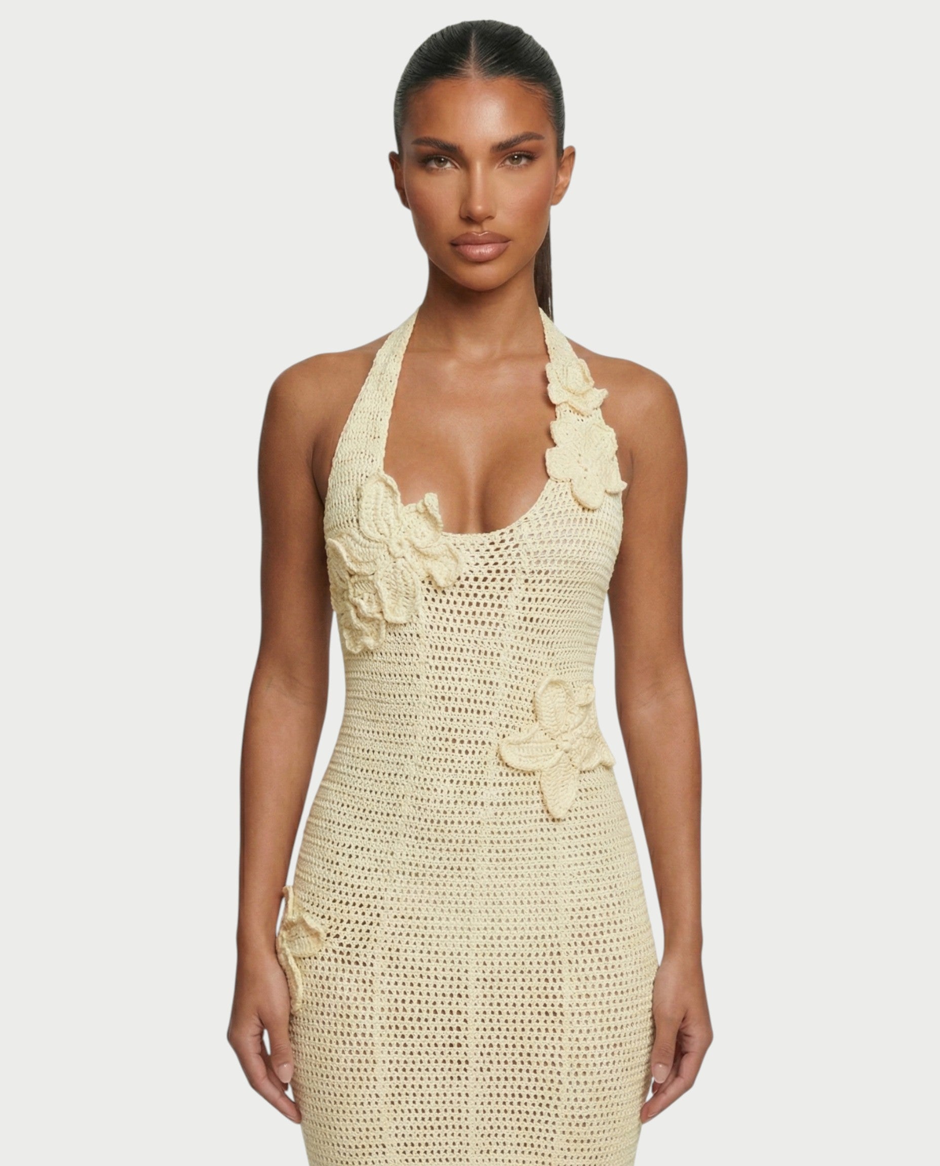 CESIA Crochet Backless Floral Appliqué Maxi Dress
