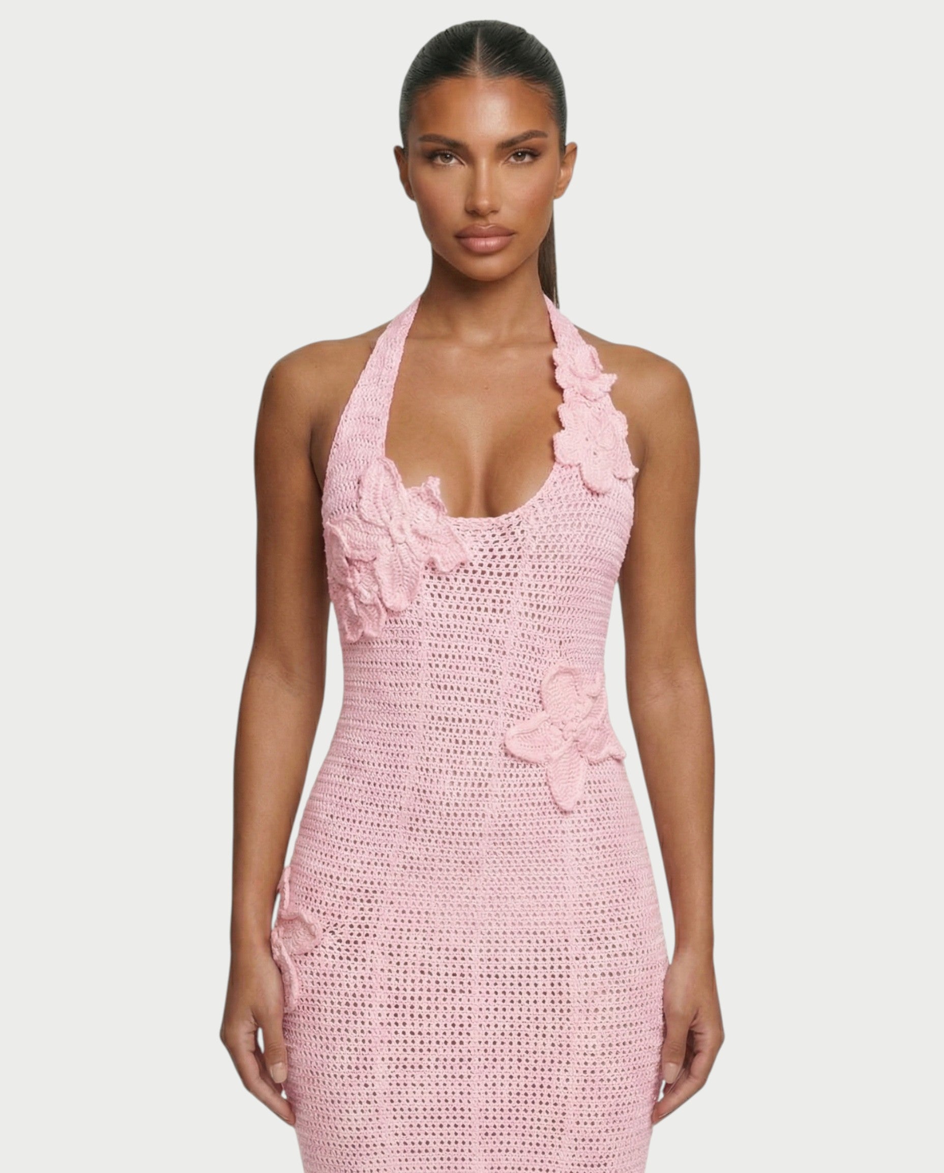 CESIA Crochet Backless Floral Appliqué Maxi Dress