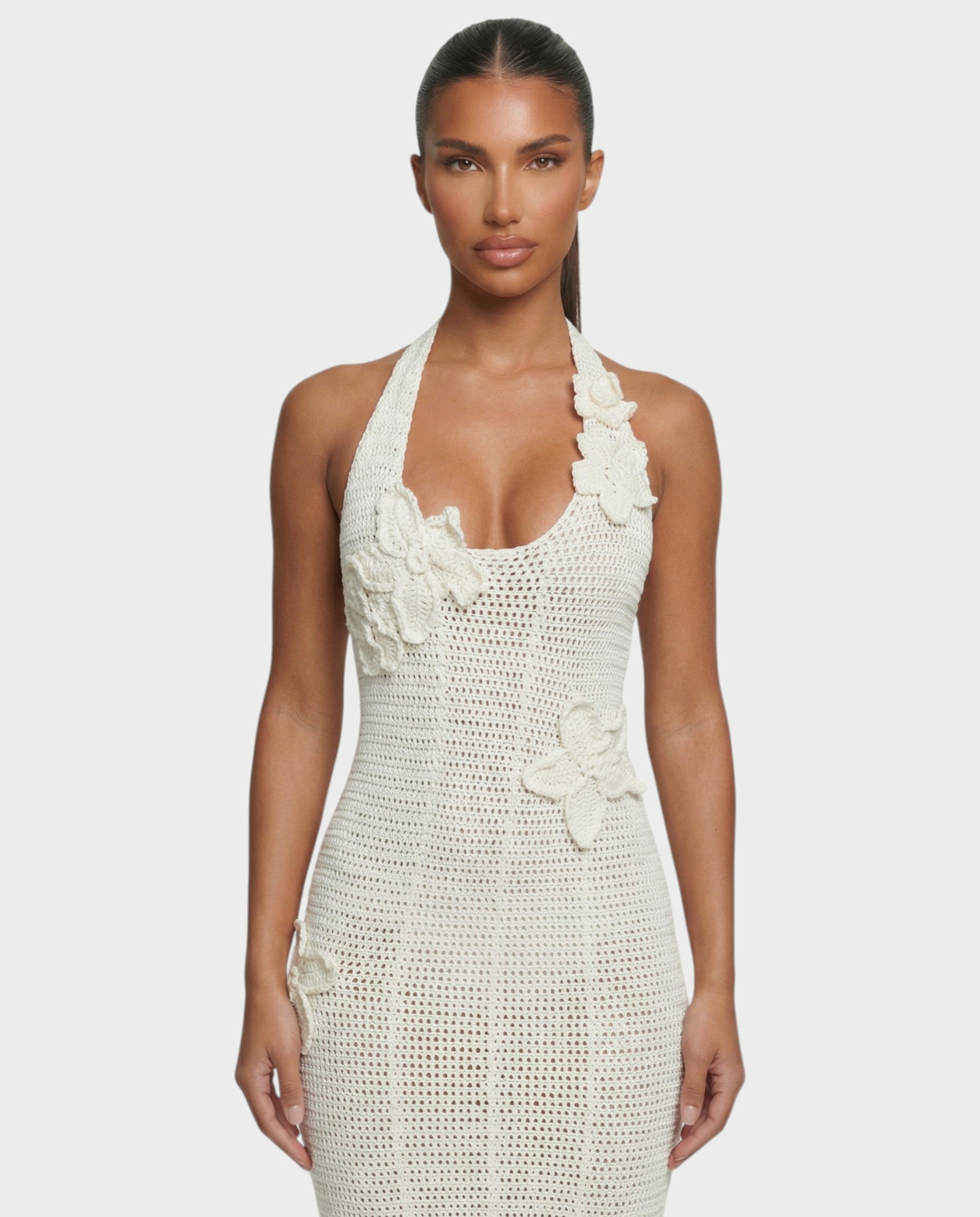 CESIA Crochet Backless Floral Appliqué Maxi Dress